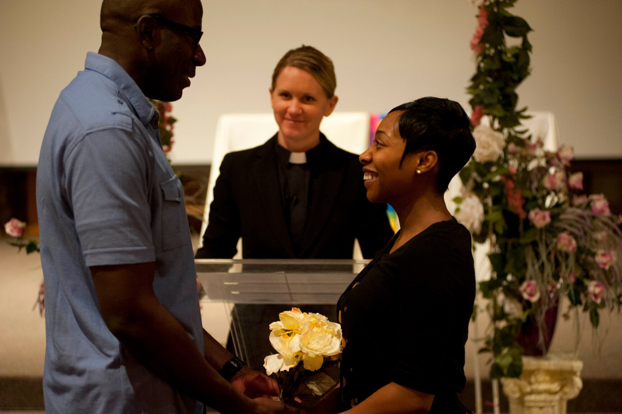 Staff Sgt. Karriem Oliver, 82nd Training wing chaplain assistant, renews his vows with his wife, Tech. Sgt. Samantha Ferguson-Oliver, Feb. 22 at Sheppard. The ceremony took place in the North Chapel. (U.S. Air Force photo by Airman 1st Class Jelani Gibson) 