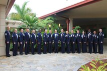Maj. Gen. Paul H. McGillicuddy, Pacific Air Forces chief of staff, center, poses for a group photo with Joint Base Pearl-Harbor-Hickam’s Chief Master Sergeant selectees during the chief recognition induction ceremony at the Tradewinds Enlisted Club on JBPHH, Hawaii. McGillicuddy was the guest speaker at the event and highlighted the significance of reaching the pinnacle of the enlisted rank structure.  (Courtesy photo)