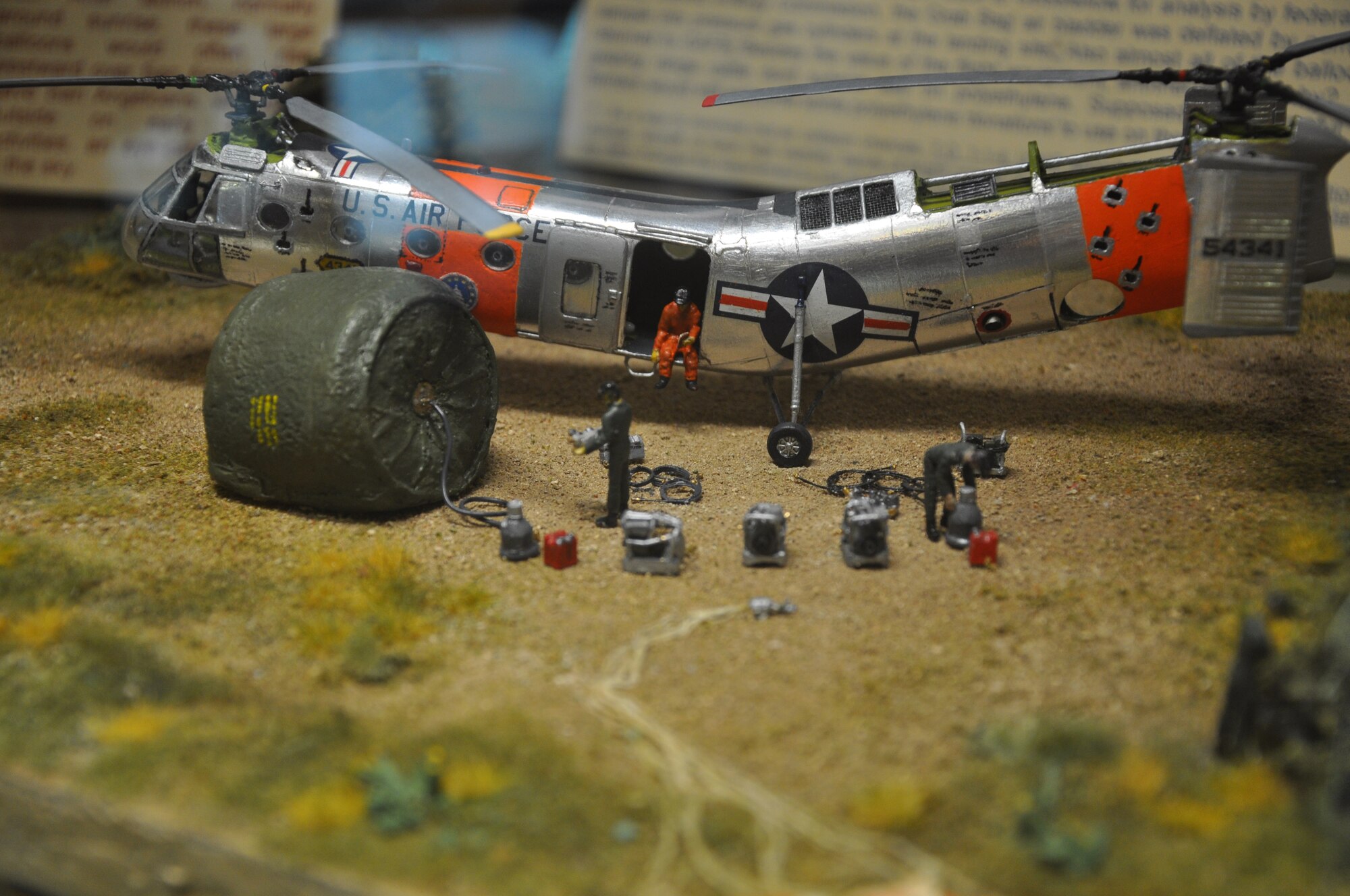 GOODFELLOW AIR FORCE BASE, Texas- A model of the Vertol H-21B Work Horse, built by Marc Stevens of the San Angelo Model Club, is displayed at the Norma Brown Building here. The Vertol H21-B Work Horse was one of two assigned in the early 1960s to the 1110th Balloon Activities Group Detachment 160. The detachment’s mission was to launch, monitor and recover helium-filled polyethylene weather balloons in support of the Atomic Energy Commission program to measure radioactivity in the atmosphere. (U.S. Air Force photo/ Airman 1st Class Erica Rodriguez)