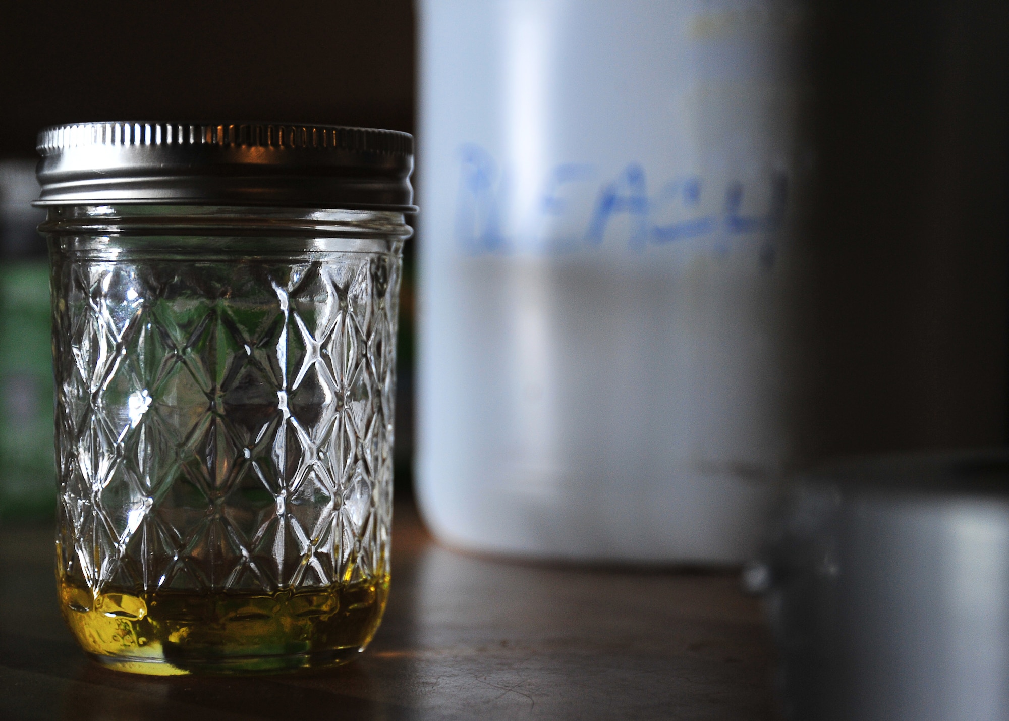 A sealed jar containing a simulated chemical stands on a counter-top as part of a training exercise Feb. 20, at the golf course club house. The Integrated Base Emergency Response Capabilities Training focuses on chemical biological, radiological and nuclear defense. (U.S. Air Force photo by Airman 1st Class Sergio A. Gamboa)