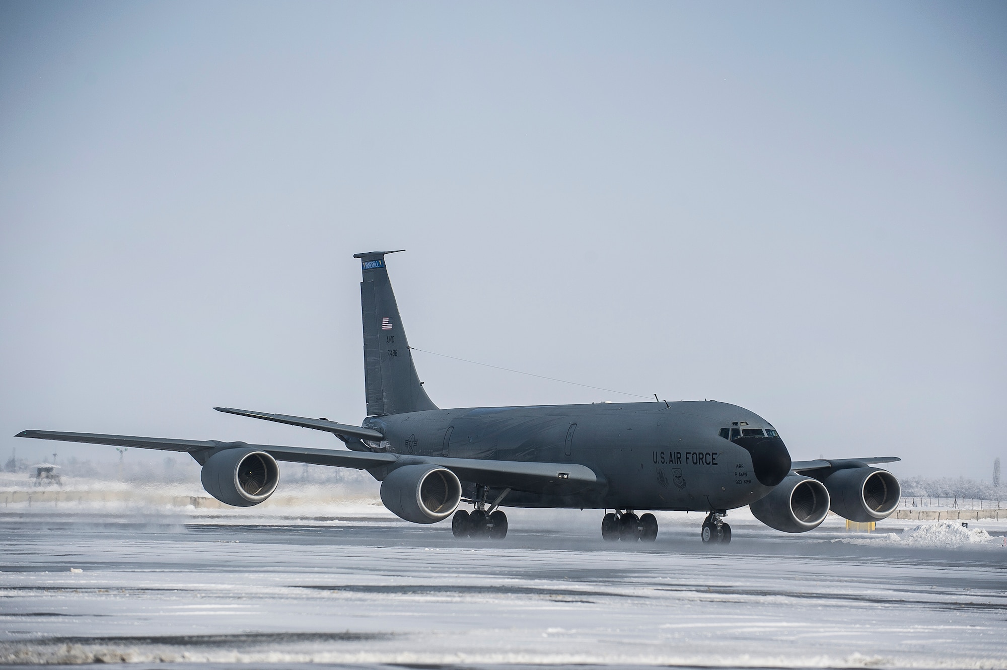 A KC-135 Stratotanker taxis in after a flight at Transit Center at Manas, Kyrgyzstan, Feb. 24, 2014. The aircraft completed the final refueling mission over Afghanistan from the TCM. (U.S. Air Force photo/Senior Airman George Goslin)
