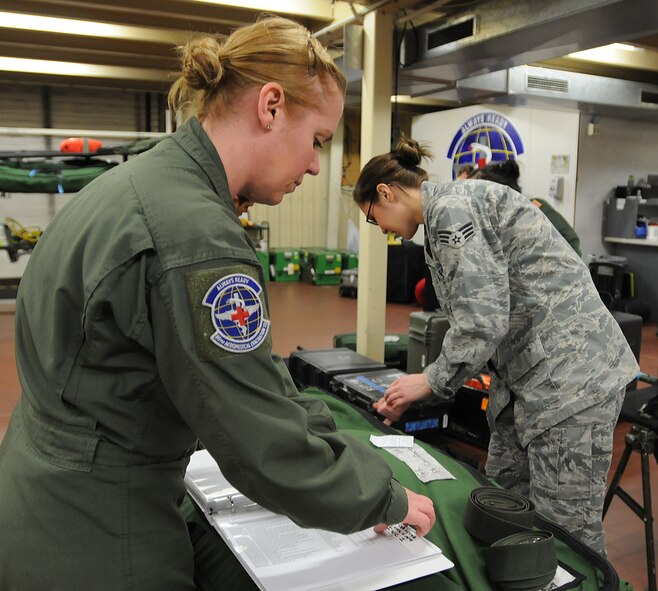 Staff Sgt. Lindsay Rhodes(left) and Senior Airman Amber Wingate, 86th Aeromedical Evacuation Squadron aeromedical evacuation technicians, take inventory of flight medical equipment used during an incoming flight Feb. 20, 2014, Ramstein Air Base, Germany. Members of the 86th AES are responsible for loading injured service members and other government personnel onto aircraft to provide medical care until arriving at a hospital.(U.S. Air Force photo/Airman 1st Class Holly Mansfield)