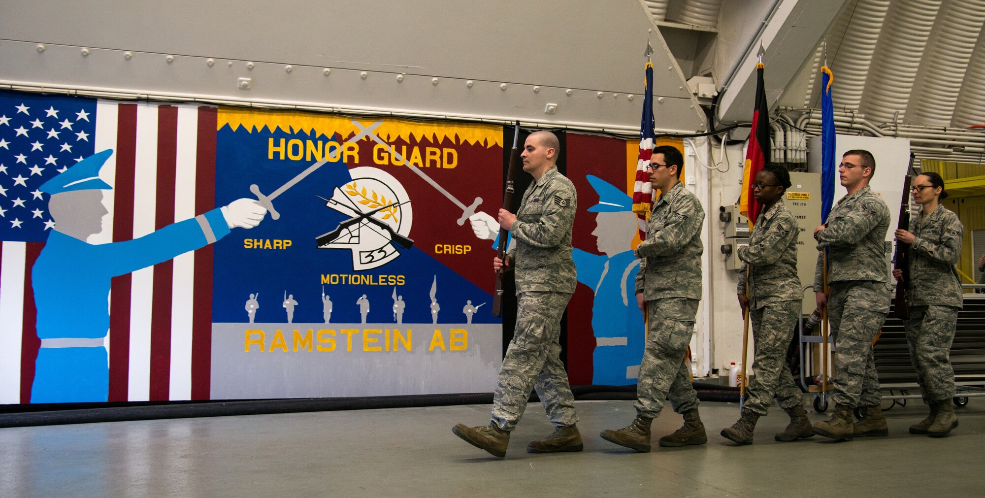 Base honor guardsmen practice marching Feb. 19, 2014, Ramstein Air Base, Germany. The base honor guard trains constantly to perfect their skills and maintain readiness for ceremonies. (U.S. Air Force photo/Senior Airman Jonathan Stefanko)