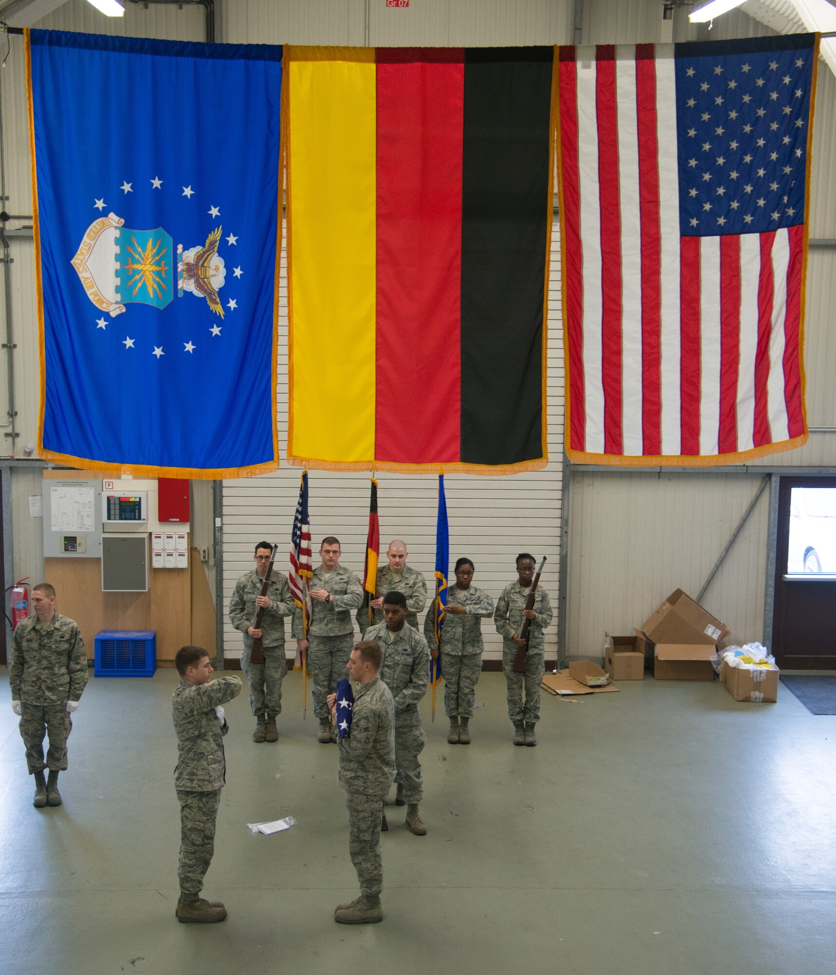 Base honor guardsmen perform weekly training Feb. 19, 2014, Ramstein Air Base, Germany. The base honor guard trains constantly to perfect their skills and maintain readiness for ceremonies. (U.S. Air Force photo/Senior Airman Jonathan Stefanko)