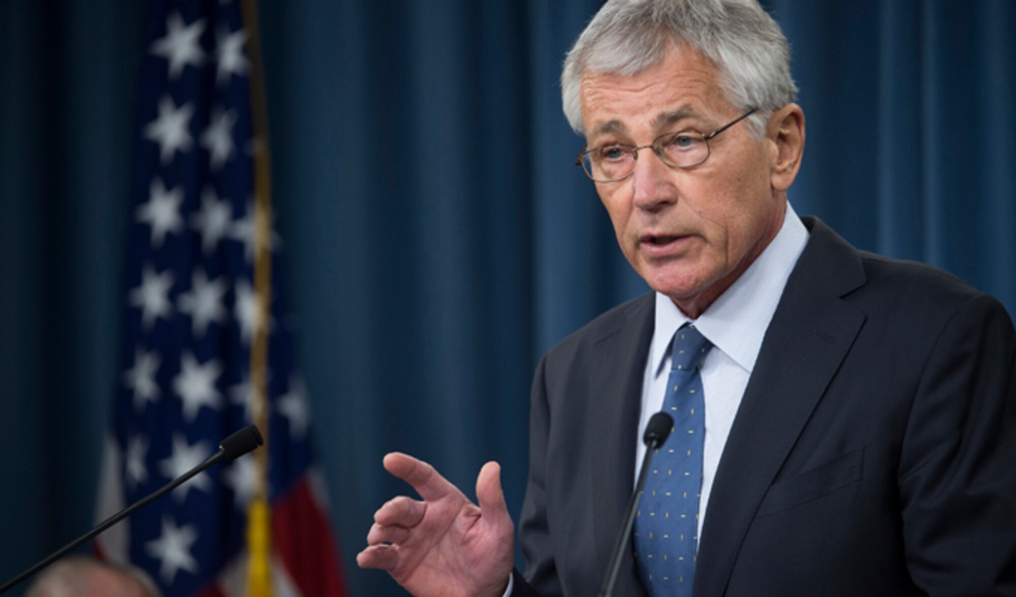 Defense Secretary Chuck Hagel briefs reporters on his recommendations to President Barack Obama for fiscal 2015 budget Feb. 24, 2014, at the Pentagon. (DOD photo/Marine Corps Sgt. Aaron Hostutler)   