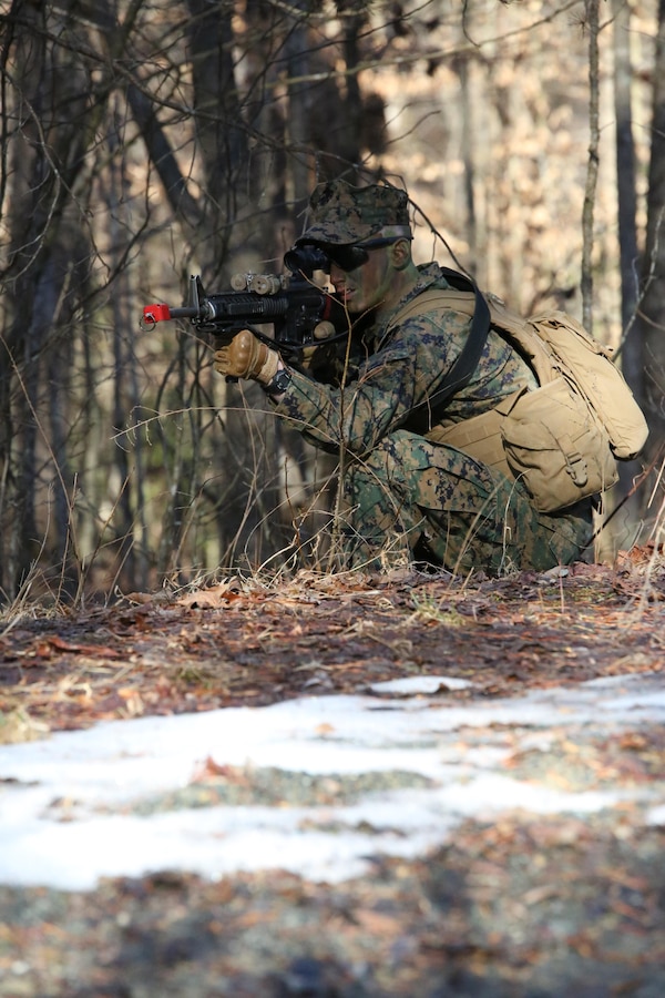 Second Lt. Miles Stebbins, right flanker for a security patrol, provides security for fellow students during a patrol exercise at The Basic School on Feb. 24, 2014. The exercise was the second field exercise for Alpha Co. whose students are about halfway through their training at TBS. 