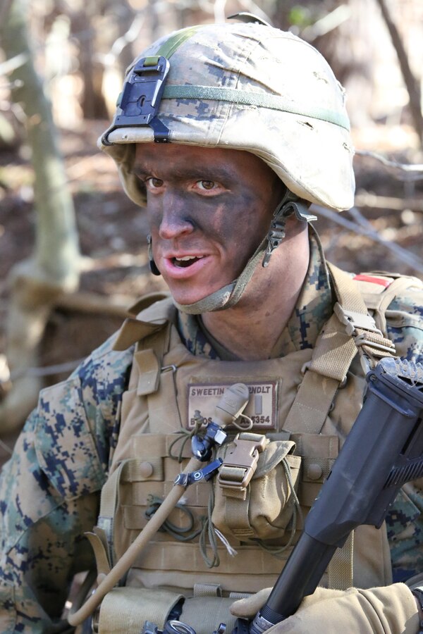 Second Lt. Thomas Sweetin, The Basic School student, participates in a patrol field exercise at The Basic School on Feb. 24, 2014. This was the second field exercise of the six-month training cycle for the Alpha Co. Marines. 