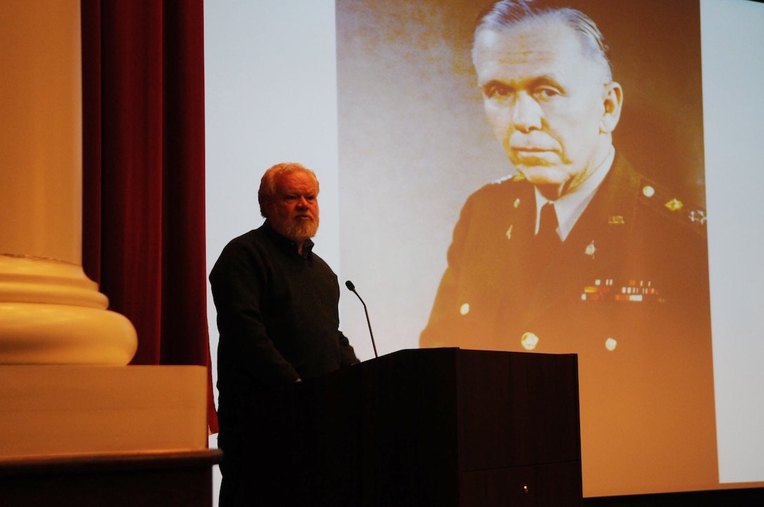 Author and reporter Tom Ricks holds up Gen. George C. Marshall as the model of excellence in military leadership during his talk at Breckenridge Hall on Feb. 12, 2014. 