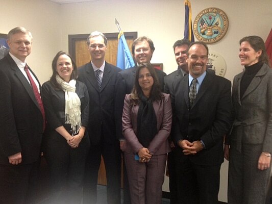 A delegation from the Agência Nacional de Aguas (ANA), Brazil's national water agency, visited U.S. Army Corps of Engineers (USACE) Headquarters and the Institute for Water Resources (IWR) on February 3, 2014. Left to right: Joe Manous (IWR), Aline Machado da Matta (ANA), Jorge Thierry Calasans (ANA), Flávio Hadler Tröger (ANA) (back), Marcia Coimbra  (ANA) (front), Marcelo Jorge Medeiros (ANA), Wade Ross (USACE Mobile District), Maria Placht (IWR).
