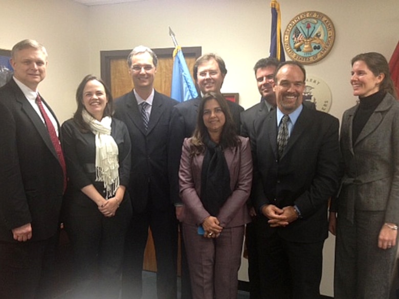 A delegation from the Agência Nacional de Aguas (ANA), Brazil's national water agency, visited U.S. Army Corps of Engineers (USACE) Headquarters and the Institute for Water Resources (IWR) on February 3, 2014. Left to right: Joe Manous (IWR), Aline Machado da Matta (ANA), Jorge Thierry Calasans (ANA), Flávio Hadler Tröger (ANA) (back), Marcia Coimbra  (ANA) (front), Marcelo Jorge Medeiros (ANA), Wade Ross (USACE Mobile District), Maria Placht (IWR).
