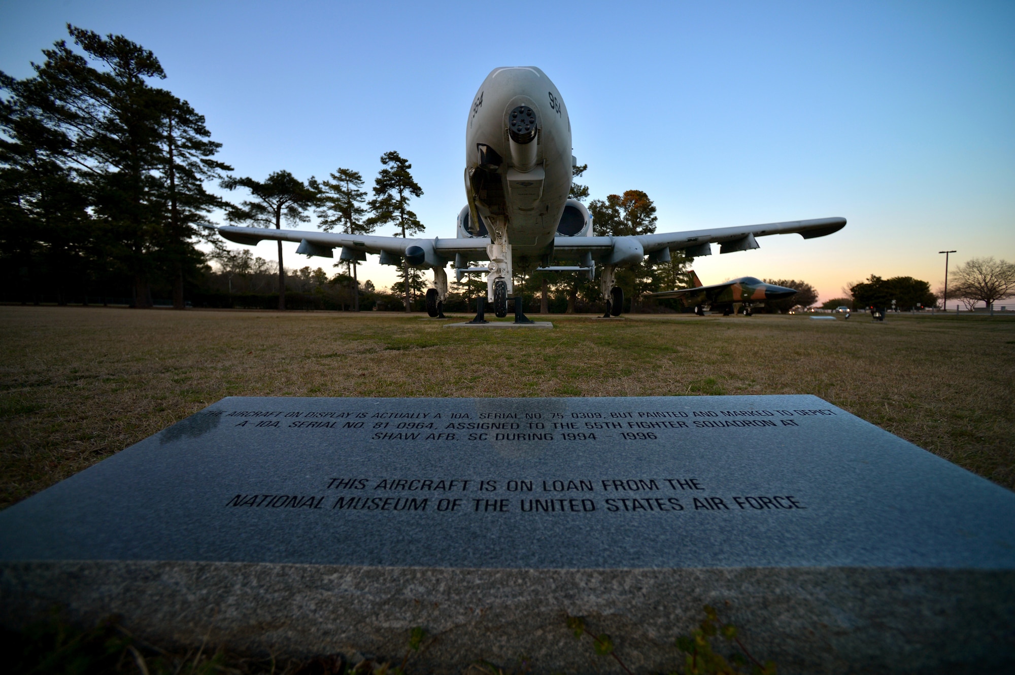 The A-10 Thunderbolt II is displayed in Shaw’s Air Park just inside the main gate, Feb. 25, 2014, Shaw Air Force Base, S.C. The A-10 was assigned to the 55th Fighter Squadron here at Shaw from 1994 to 1996. The Department of Defense has proposed eliminating the aircraft from the Air Force arsenal due to budget cuts. Regardless of the outcome, Team Shaw is proud to display the aircraft for all to see and the A-10 will always have a home at Shaw. (U.S. Air Force photo by Staff Sgt. Kenny Holston/Released)