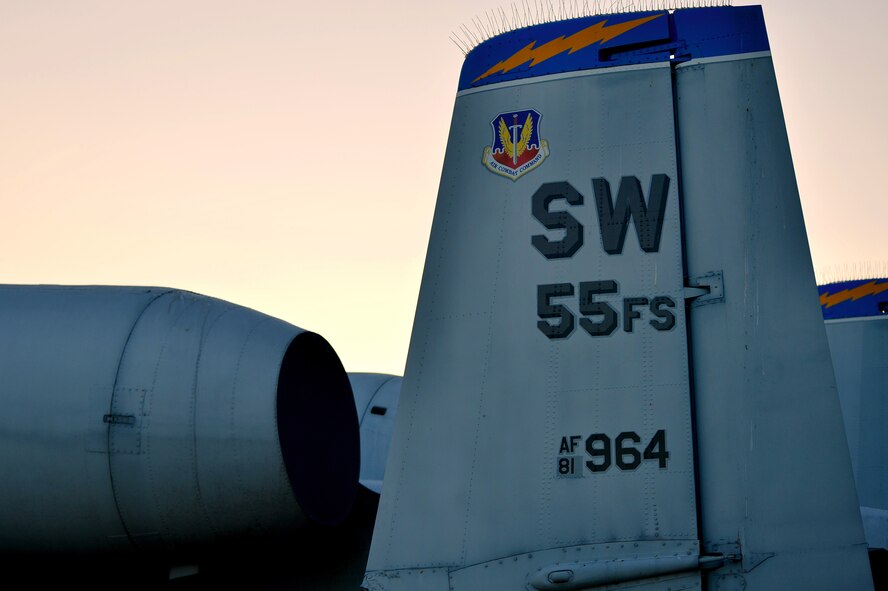 The 55th Fighter Squadron tail flash and the infamous yellow thunderbolt are displayed on the A-10 Thunderbolt II in Shaw’s Air Park, Feb. 25, 2014, Shaw Air Force Base, S.C. The A-10 was assigned to the 55th Fighter Squadron here at Shaw from 1994 to 1996. The Department of Defense has proposed eliminating the aircraft from the Air Force arsenal due to budget cuts. Regardless of the outcome, Team Shaw is proud to display the aircraft for all to see and the A-10 will always have a home at Shaw. (U.S. Air Force photo by Staff Sgt. Kenny Holston/Released)