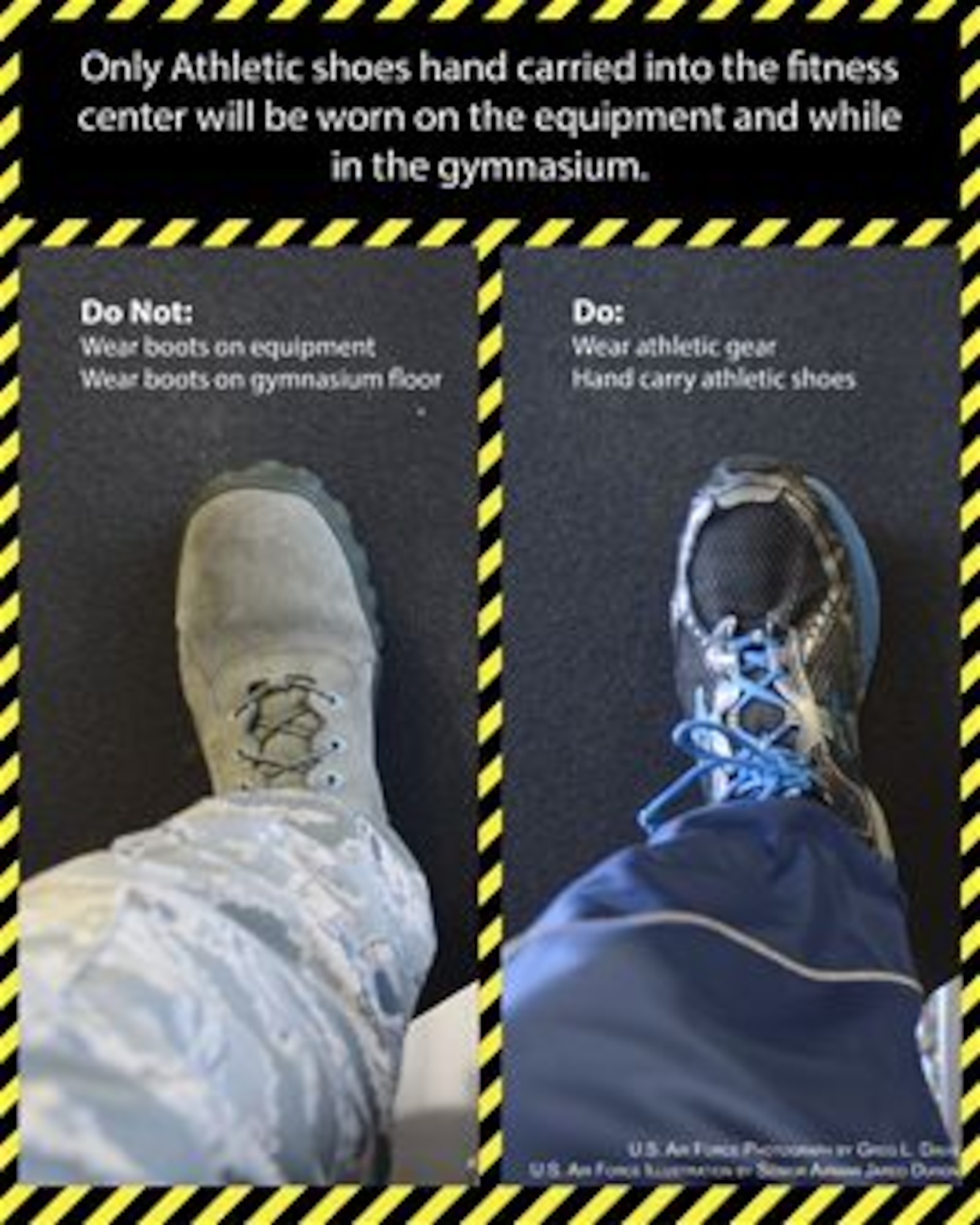 Photo illustration of what not to wear (left) and what should be worn (right) when working out at the Dover Air Force Base fitness center. Athletic clothing and shoes are required. The policy is necessary, especially in the winter months, to prevent salt from being tracked on to the fitness equipment and athletic courts which results in damage and injuries to personnel. (U.S. Air Force photo/Greg L. Davis, U.S. Air Force graphic illustration/SrA. Jared Duhon) 