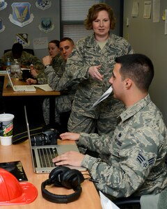 U.S. Air Force Staff Sgt. Aimee Orndorff, 633rd Force Support Squadron ALS instructor, speaks to students at Langley Air Force Base, Va., Feb. 11, 2014. Airman Leadership School is a five-week long course designed to develop Airmen into effective front-line supervisors. (U.S. Air Force photo by Airman 1st Class Victoria H. Taylor/Released)