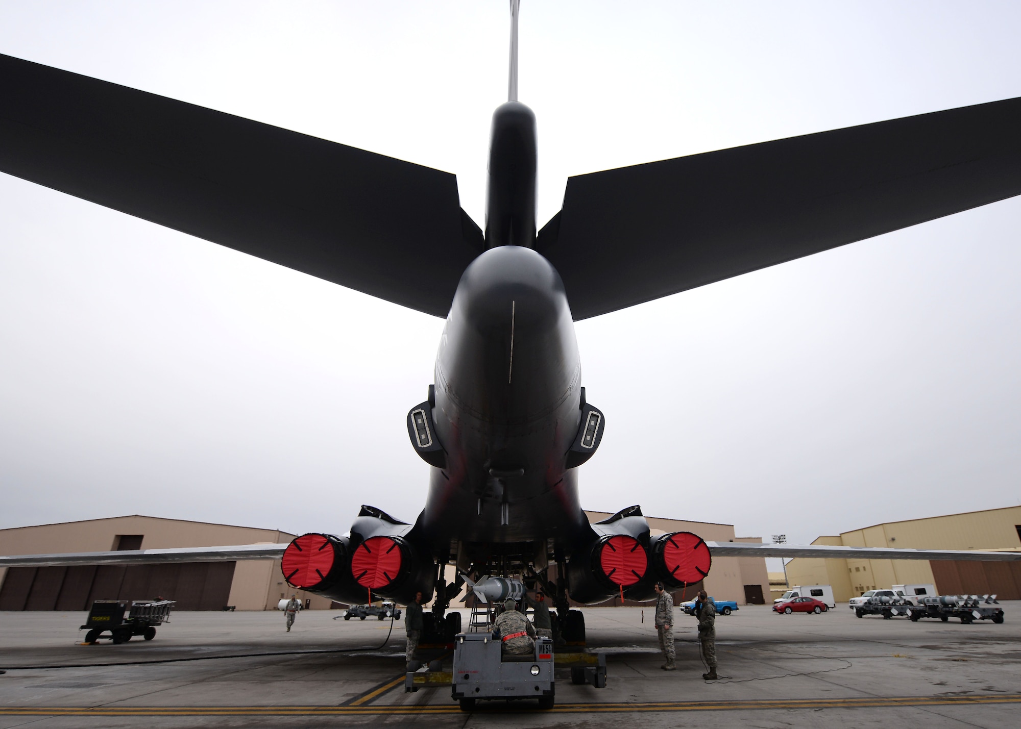 Airman 1st Class Trenton Anderson, 28th Aircraft Maintenance Squadron weapons load crew member, prepares to load the aft weapons bay of a B-1 bomber with a GBU-31 during the Combat Hammer exercise at Ellsworth Air Force Base, S.D., Feb. 14, 2014. The goal of the exercise was to evaluate the effectiveness, maintainability, suitability and accuracy of precision-guided munitions and other advanced air-to-ground weapons. (U.S. Air Force photo by Airman 1st Class Rebecca Imwalle/ Released)