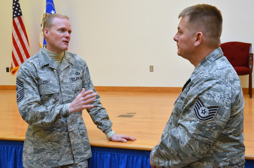 Chief Master Sgt. of the Air Force James Cody briefs Airmen from the 193rd Regional Support Group, 193rd Special Operations Wing, Pennsylvania Air National Guard, at Fort Indiantown Gap, Annville, Pa., Feb. 23, 2014. Chief Cody visited the 193rd Feb. 22-23 to get a firsthand look at the wing's missions at Middletown, Pa., and Fort Indiantown Gap, Annville, Pa., and to speak with Airmen about challenges they face. (U.S. Air National Guard photo by Tech. Sgt. Ted Nichols/Released)