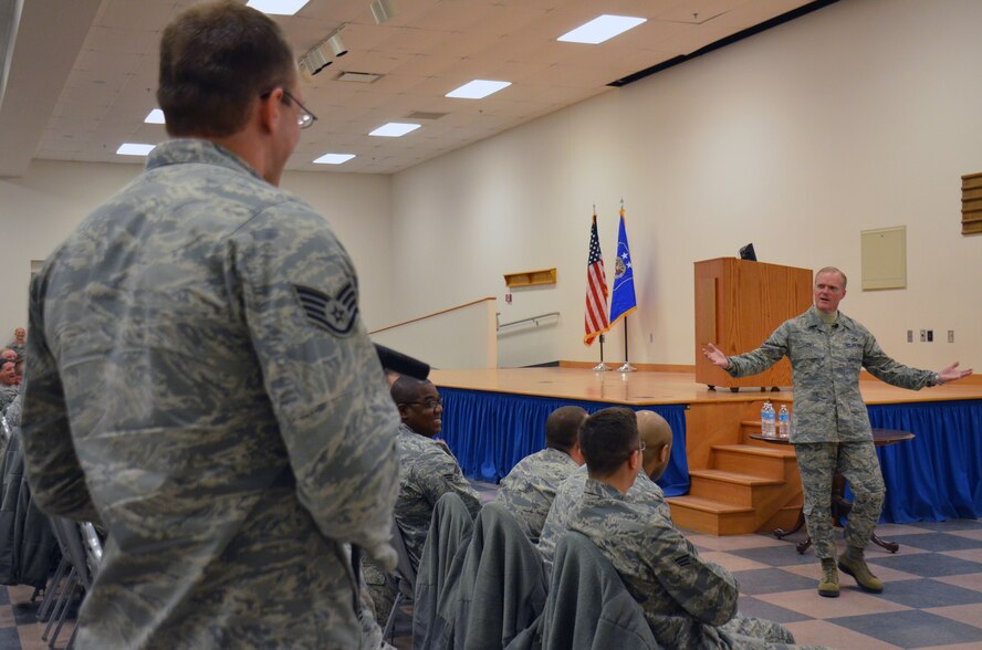 Chief Master Sgt. of the Air Force James Cody briefs Airmen from the 193rd Regional Support Group, 193rd Special Operations Wing, Pennsylvania Air National Guard, at Fort Indiantown Gap, Annville, Pa., Feb. 23, 2014. Chief Cody visited the 193rd Feb. 22-23 to get a firsthand look at the wing's missions at Middletown, Pa., and Fort Indiantown Gap, Annville, Pa., and to speak with Airmen about challenges they face. (U.S. Air National Guard photo by Tech. Sgt. Ted Nichols/Released)