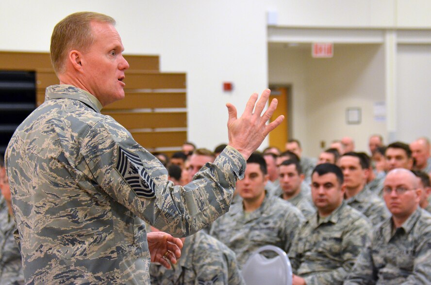 Chief Master Sgt. of the Air Force James Cody briefs Airmen from the 193rd Regional Support Group, 193rd Special Operations Wing, Pennsylvania Air National Guard, at Fort Indiantown Gap, Annville, Pa., Feb. 23, 2014. Chief Cody visited the 193rd Feb. 22-23 to get a firsthand look at the wing's missions at Middletown, Pa., and Fort Indiantown Gap, Annville, Pa., and to speak with Airmen about challenges they face. (U.S. Air National Guard photo by Tech. Sgt. Ted Nichols/Released)