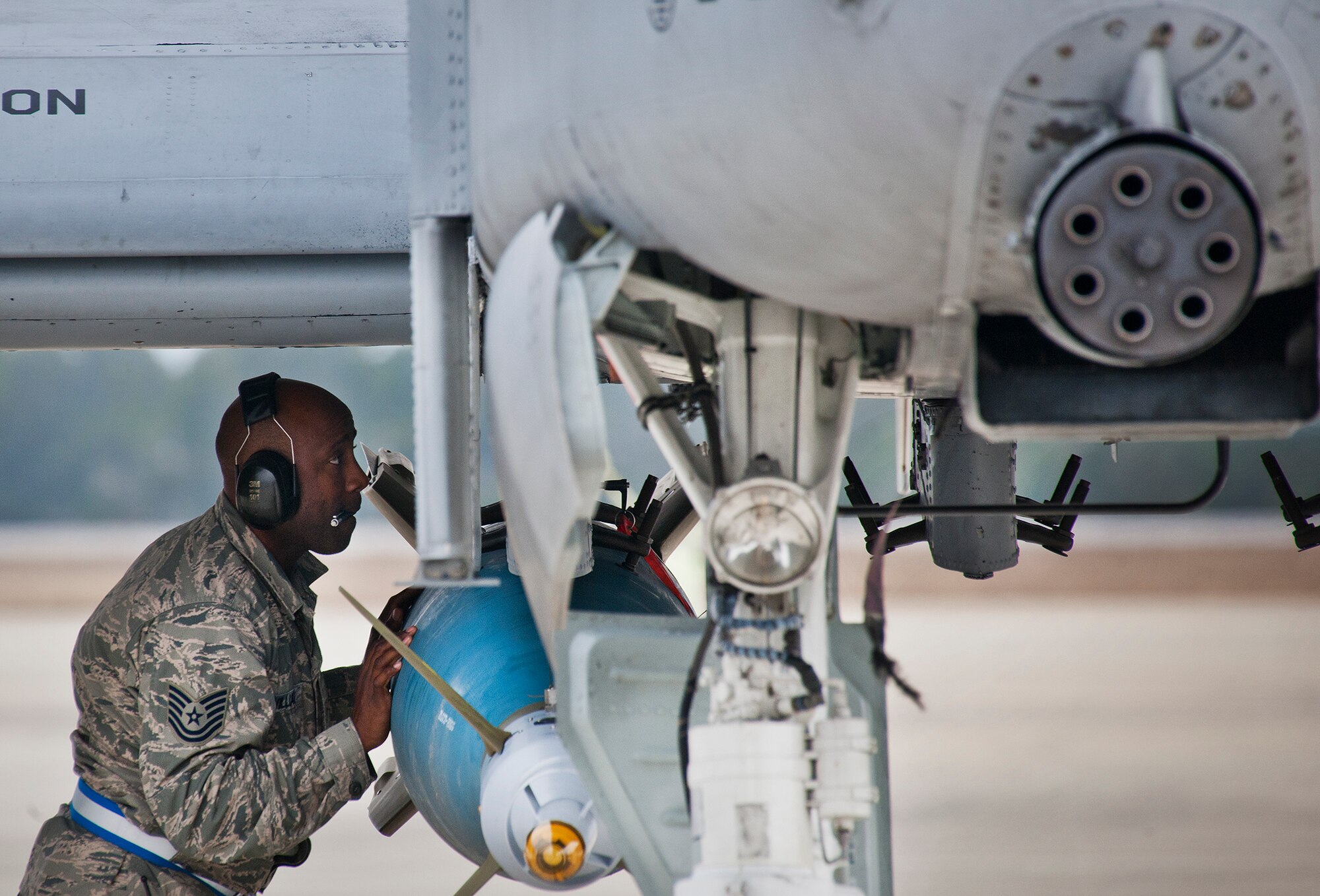 Tech. Sgt. Jerrime Williams, of the 355th Aircraft Maintenance Squadron, performs a supervisory weapons inspection prior to a Weapon System Evaluation Program sortie at Eglin Air Force Base, Fla., Feb. 19.  The A-10s from Davis-Monthan Air Force Base, Ariz., participated in the week-long mission known as Combat Hammer, in which they released air-to-ground munitions.  The Combat Hammer WSEP program is managed by the 86th Fighter Weapons Squadron, part of the 53rd Wing.  (U.S. Air Force photo/Samuel King Jr.)