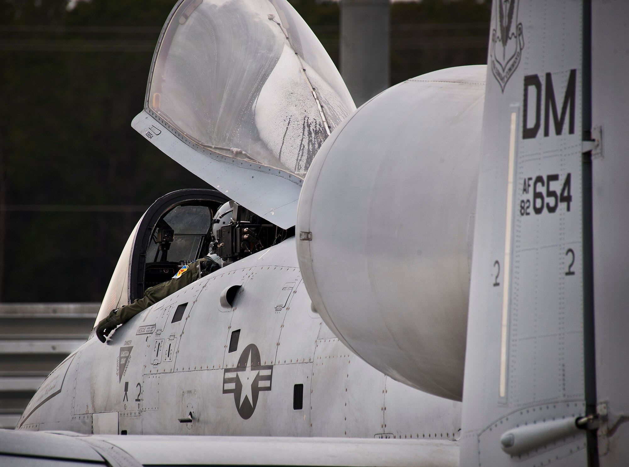A 355th Fighter Wing pilot waits to taxi out his A-10 Thunderbolt II for a morning Weapon System Evaluation Program sortie at Eglin Air Force Base, Fla., Feb. 19.  The A-10s from Davis-Monthan Air Force Base, Ariz., participated in the week-long mission known as Combat Hammer, in which they released air-to-ground munitions.  The Combat Hammer WSEP program is managed by the 86th Fighter Weapons Squadron, part of the 53rd Wing.  (U.S. Air Force photo/Samuel King Jr.)