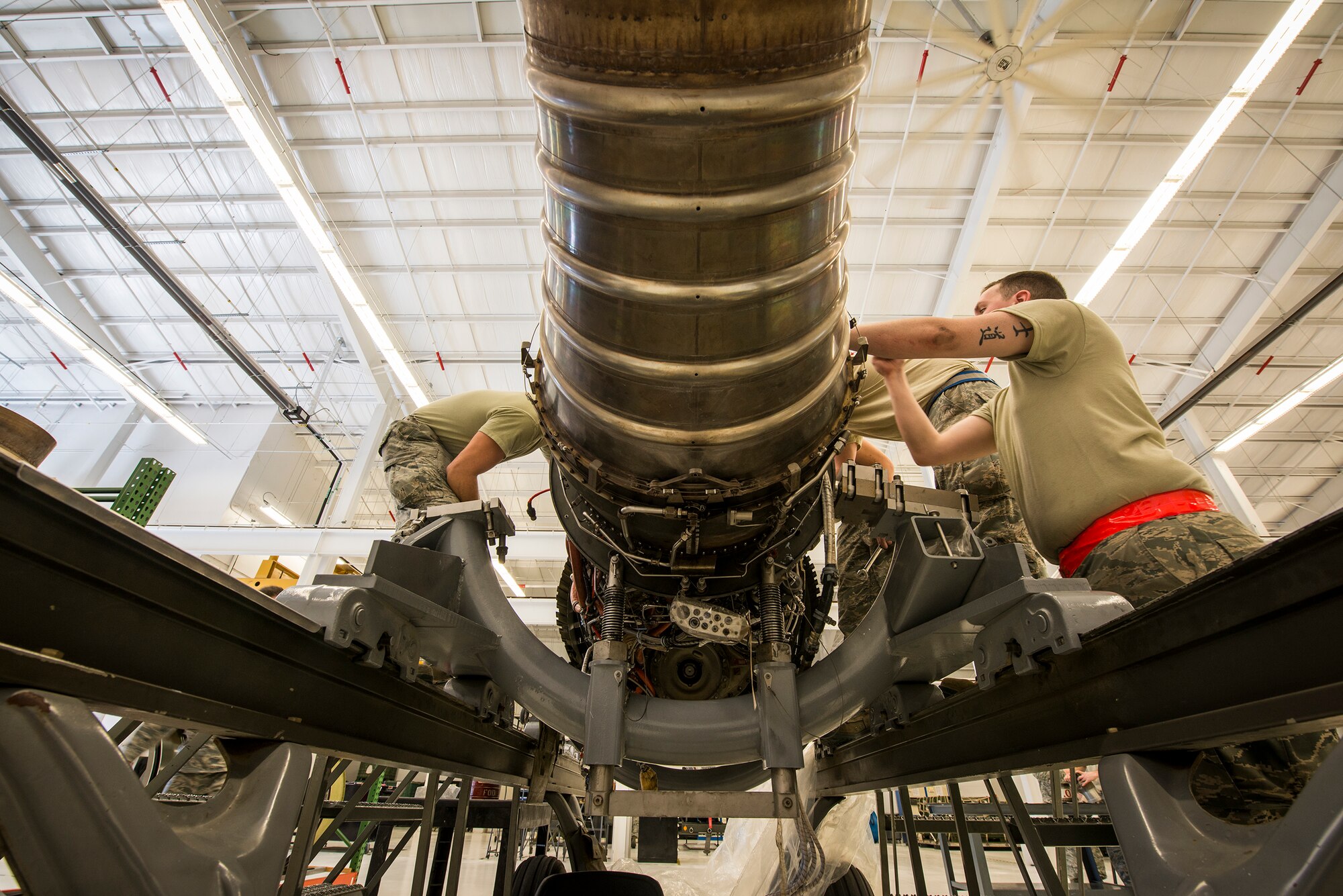 A team of Airmen from the 23d Component Maintenance Squadron rebuild an A-10C Thunderbolt II TF34 engine at Moody Air Force Base, Ga., Feb. 19, 2014. The U.S. Air Force has more than 1,050 TF34 engines in service. (U.S. Air Force photo by Airman 1st Class Ryan Callaghan/Released)