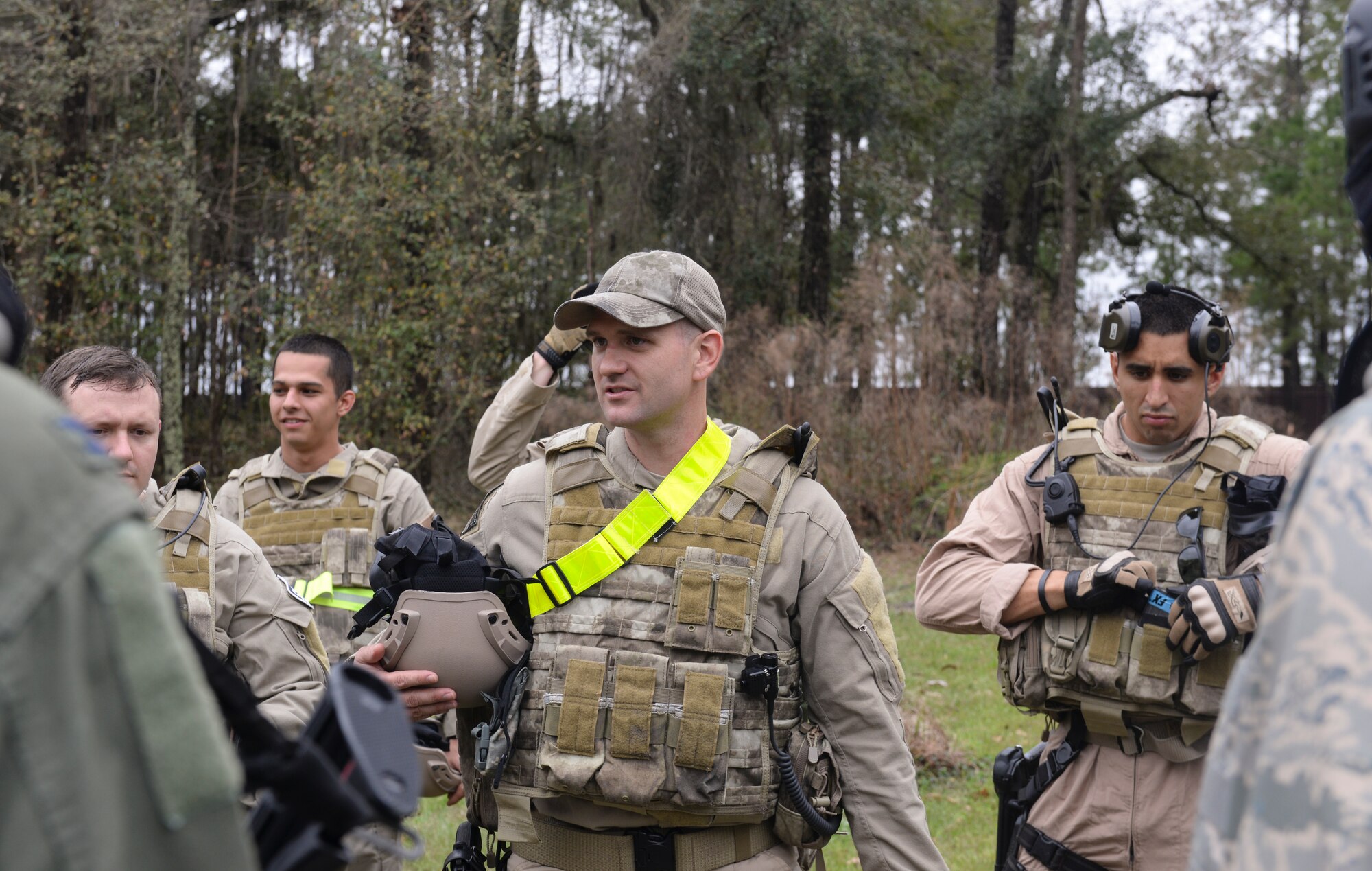 U.S. Air Force Master Sgt. Dale Brown, 23d Security Forces Squadron superintendent, briefs the 23d Wing leadership at Moody Air Force Base, Ga., Feb 21, 2014.  Brown briefed the commanders on upcoming scenarios they were about to encounter. (U.S. Air Force photo by Senior Airman Olivia Bumpers/Released)
