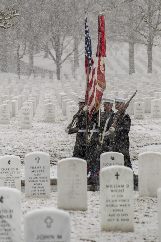 The U.S. Marine Corps Color Guard marches through Arlington National Cemetery during the funeral of retired Marine Brig. Gen. Vincente T. Blaz, Feb. 25, 2014. Blaz retired from the Corps in 1980 and went on to serve as Guam's non-voting delegate in the U.S. House of Representatives. (Official Marine Corps photo by Cpl. Dan Hosack/Released)