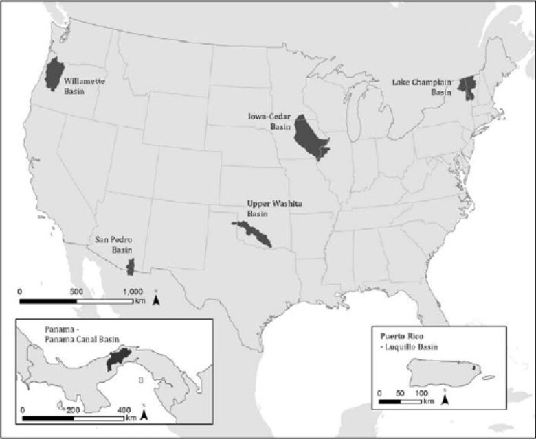 Locations of the UNESCO-HELP Basins in North and Central America. Source: Figure 1 from the Monograph "Science and Practice of Integrated River Basin Management: Lessons from North and Central American UNESCO-HELP Basins."