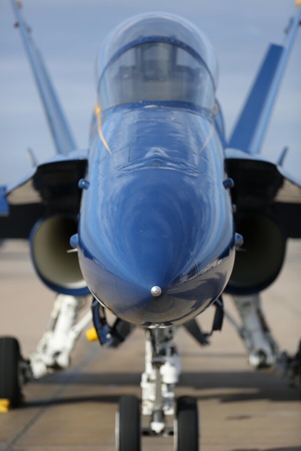 A Blue Angels' jet number 7 lands aboard Marine Corps Air Station Miramar, Calif., Feb. 26. The Blue Angels plan on performing for the 2014 MCAS Miramar Air Shows.
