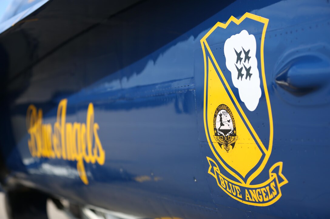 A Blue Angels' jet number 7 lands by station operations aboard Marine Corps Air Station Miramar, Calif., Feb. 26. The Blue Angels are scheduled to be one of the main attractions for the 2014 MCAS Miramar Air Show.