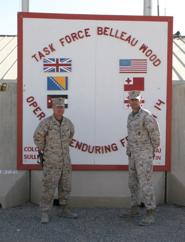 Colonel Dan M. Sullivan, left, transferred authority as commanding officer of Task Force Belleau Wood to Col. Pete B. Baumgarten aboard the Camp Bastion/Leatherneck complex, Helmand province, Afghanistan, Feb. 24, 2014. Task Force Belleau Wood is responsible for the defense and protection of Camps Bastion and Leatherneck and controls the surrounding area of operation spanning approximately 1,000 square kilometers.