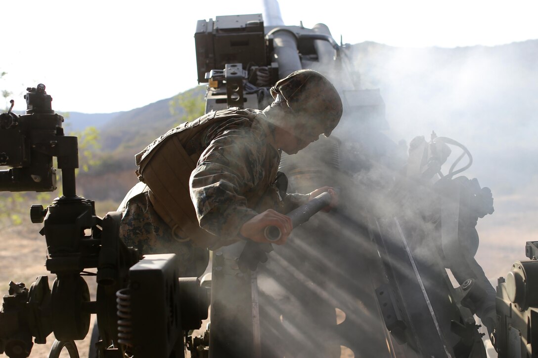 A Marine with Charlie Battery, 1st Battalion, 11th Marines (1/11), swabs the barrel of a M777 Howitzer during a qualification exercise here Feb. 26, 2014. The qualification exercise will prepare the Marines of 1/11 for their upcoming deployment with the 11th Marine Expeditionary Unit.(Photo by: U.S. Marine Corps Cpl. Jonathan R. Waldman, Combat Camera, 11TH Marine Expeditionary Unit)