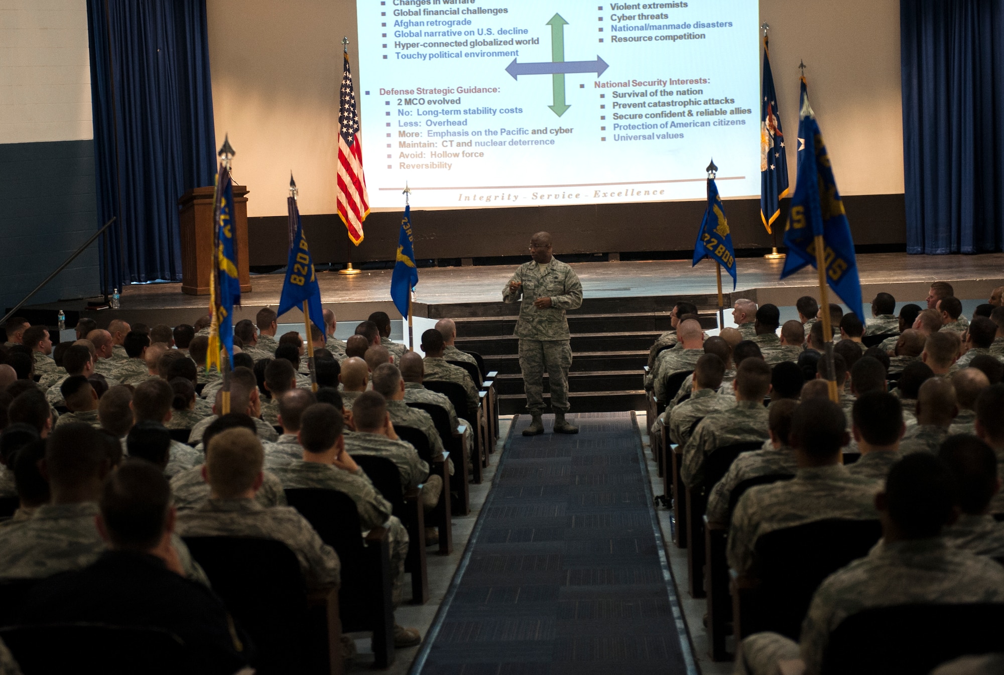 U.S. Air Force Brig. Gen. Allen J. Jamerson, director of Security Forces, deputy chief of staff for Logistics, Installations and Mission Support, Headquarters U.S. Air Force, Washington, D.C., addresses a crowd of security forces Airmen at Moody Air Force Base, Ga., Feb. 26, 2014. Jamerson took over as director of security forces in July 2012 and is the head of more than 37,000 security forces Airmen. (U.S. Air Force photo by Senior Airman Jarrod Grammel/Released)
