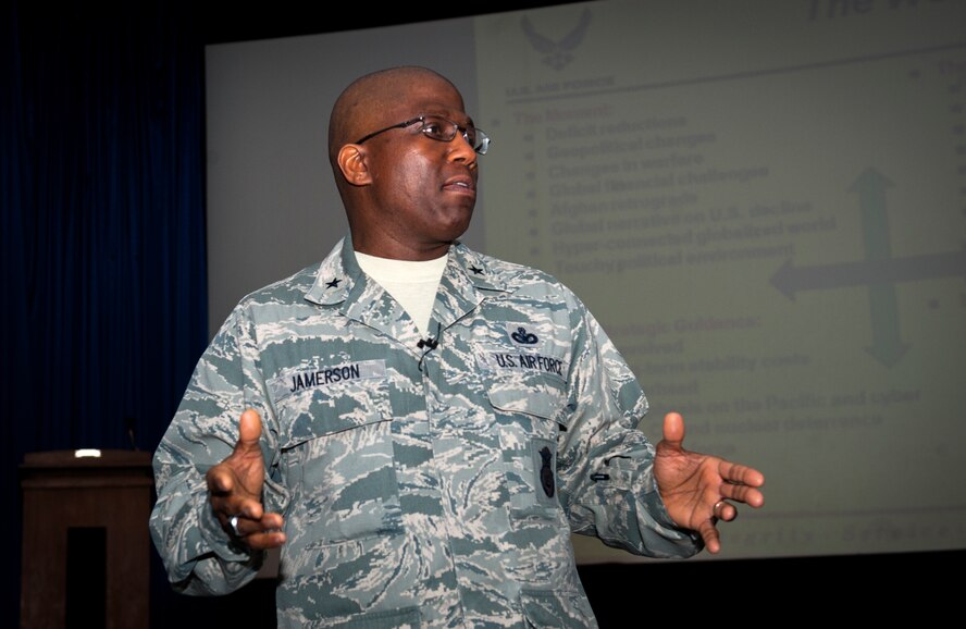 U.S. Air Force Brig. Gen. Allen J. Jamerson, director of Security Forces, deputy chief of staff for Logistics, Installations and Mission Support, Headquarters U.S. Air Force, Washington, D.C., speaks during an all call at Moody Air Force Base, Ga., Feb. 26, 2014. Among other topics, Jamerson spoke about the ongoing force reduction programs and how they will affect the security forces career field. (U.S. Air Force photo by Senior Airman Jarrod Grammel/Released)

