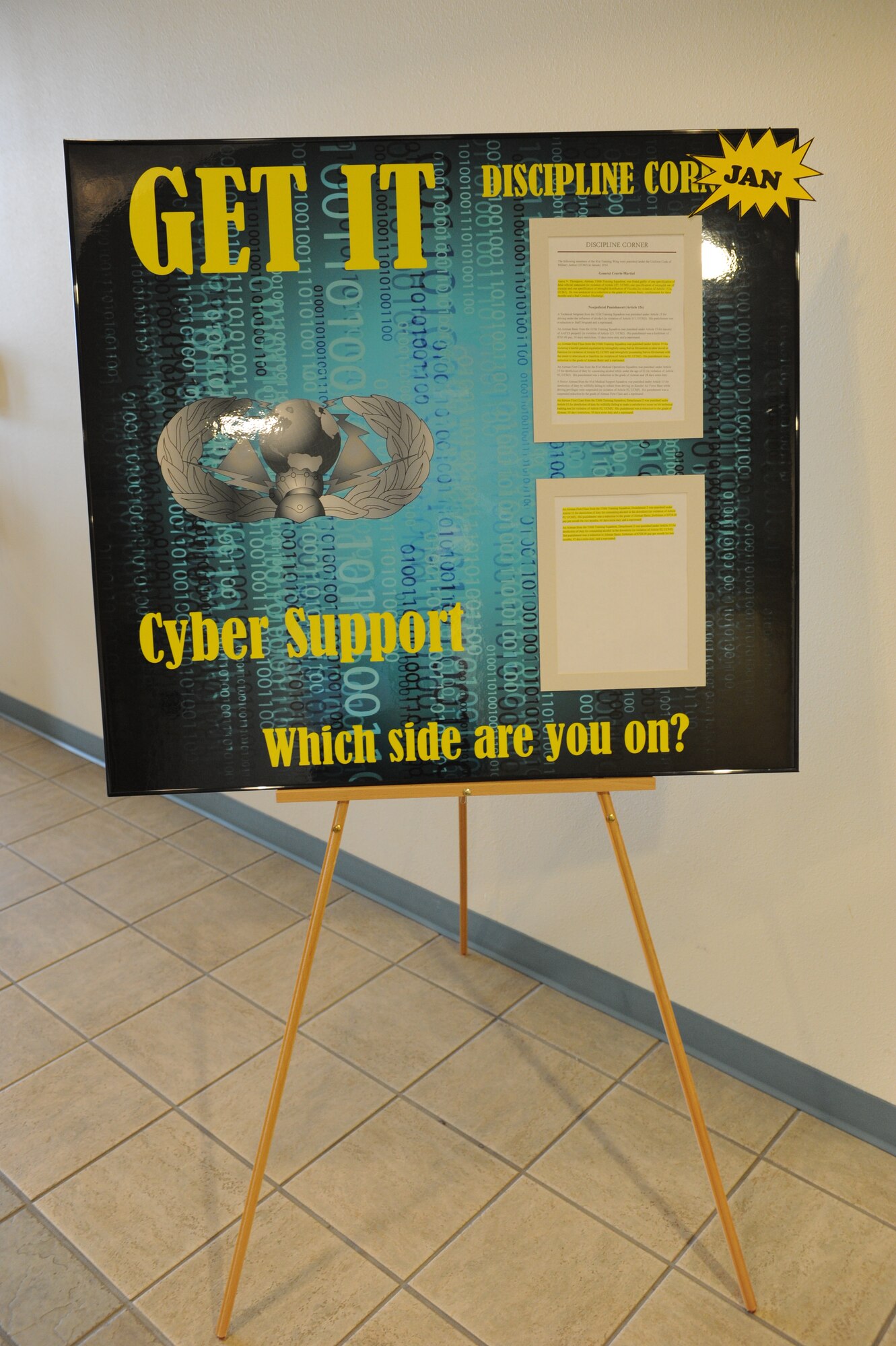 The 336th Training Squadron invented the “Get It” poster to display disciplinary actions on Airman throughout the 336th TRS and its career fields. Since the inception of the campaign, Uniform Code of Military Justice infractions have reduced by 80 percent. (U.S. Air Force photo by Airman 1st Class Stephan Coleman)