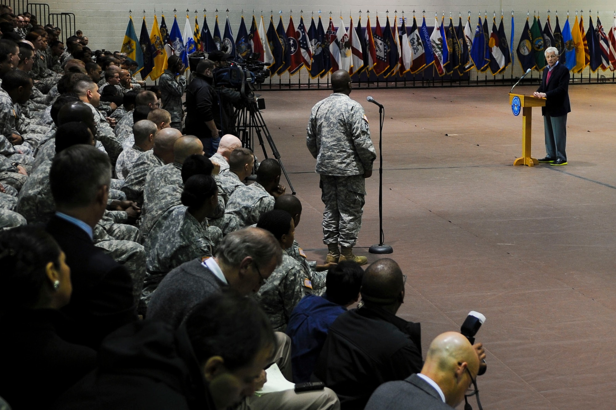 Defense Secretary Chuck Hagel speaks to Service members during a town hall at Fort Eustis, Va., Feb. 25, 2014. Hagel discussed the proposed budget for fiscal year 2015 with Service members. (U.S. Air Force photo by Senior Airman Austin Harvill/Released)