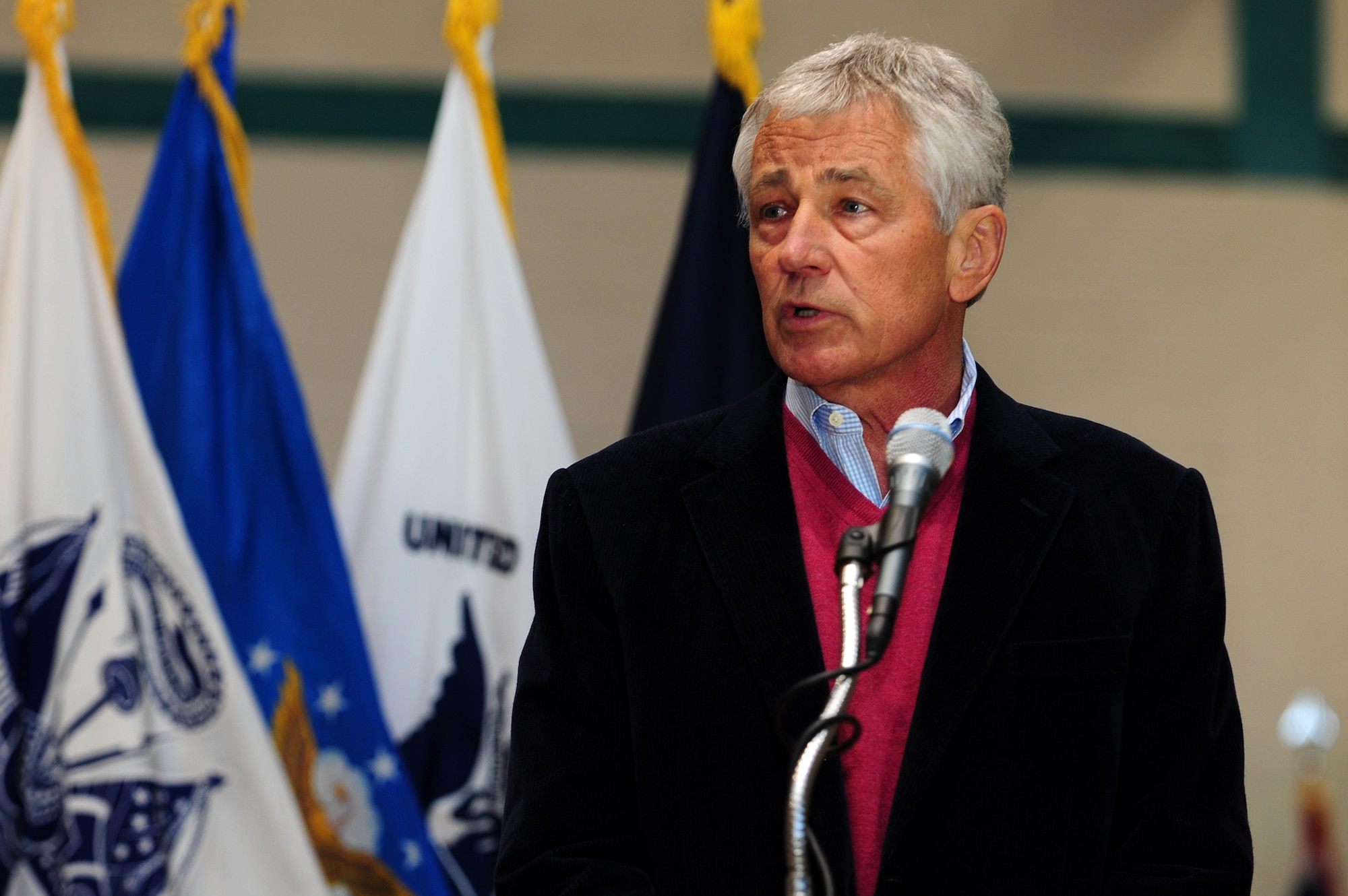 Defense Secretary Chuck Hagel speaks to Service members during a town hall at Fort Eustis, Va., Feb. 25, 2014. Hagel discussed the proposed budget for fiscal year 2015 with Service members. (U.S. Air Force photo by Airman 1st Class Areca T. Wilson/Released)