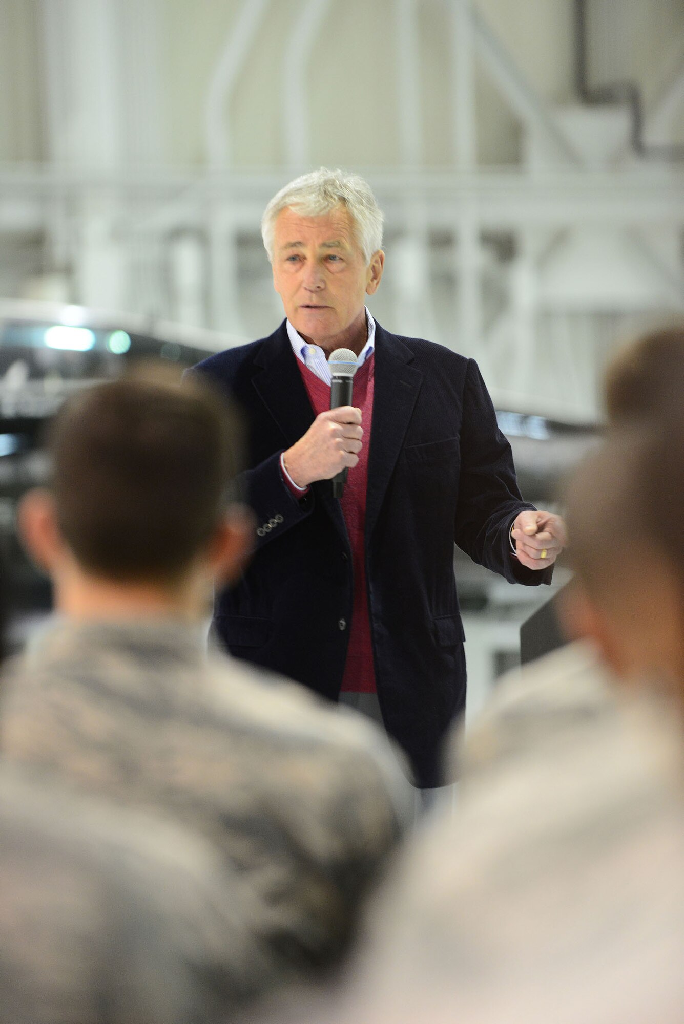 Defense Secretary Chuck Hagel speaks with Airmen regarding priorities for the 2015 defense budget at Langley Air Force Base, Va., Feb. 25, 2014. Hagel took time to speak to Airmen who were selected as top performers by their leaders. (U.S. Air Force photo by Staff Sgt. Antoinette Gibson/Released)