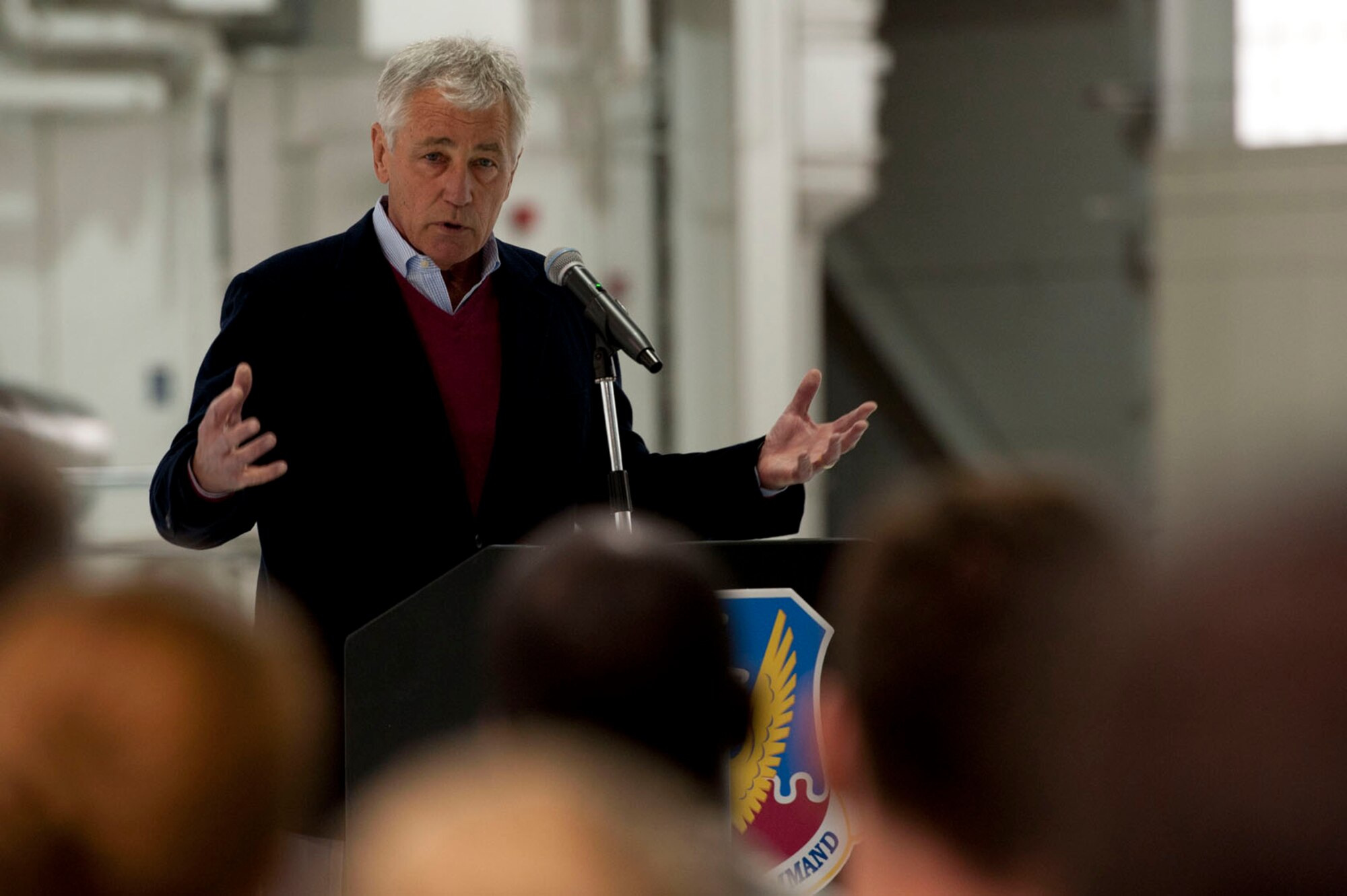 Defense Secretary Chuck Hagel greets Airmen during his visit to Langley Air Force Base, Va., Feb. 25, 2014. Hagel spoke at an event highlighting priorities for fiscal year 2015 defense budget. (U.S. Air Force photo by Staff Sgt. Stephanie R. Plichta/Released)