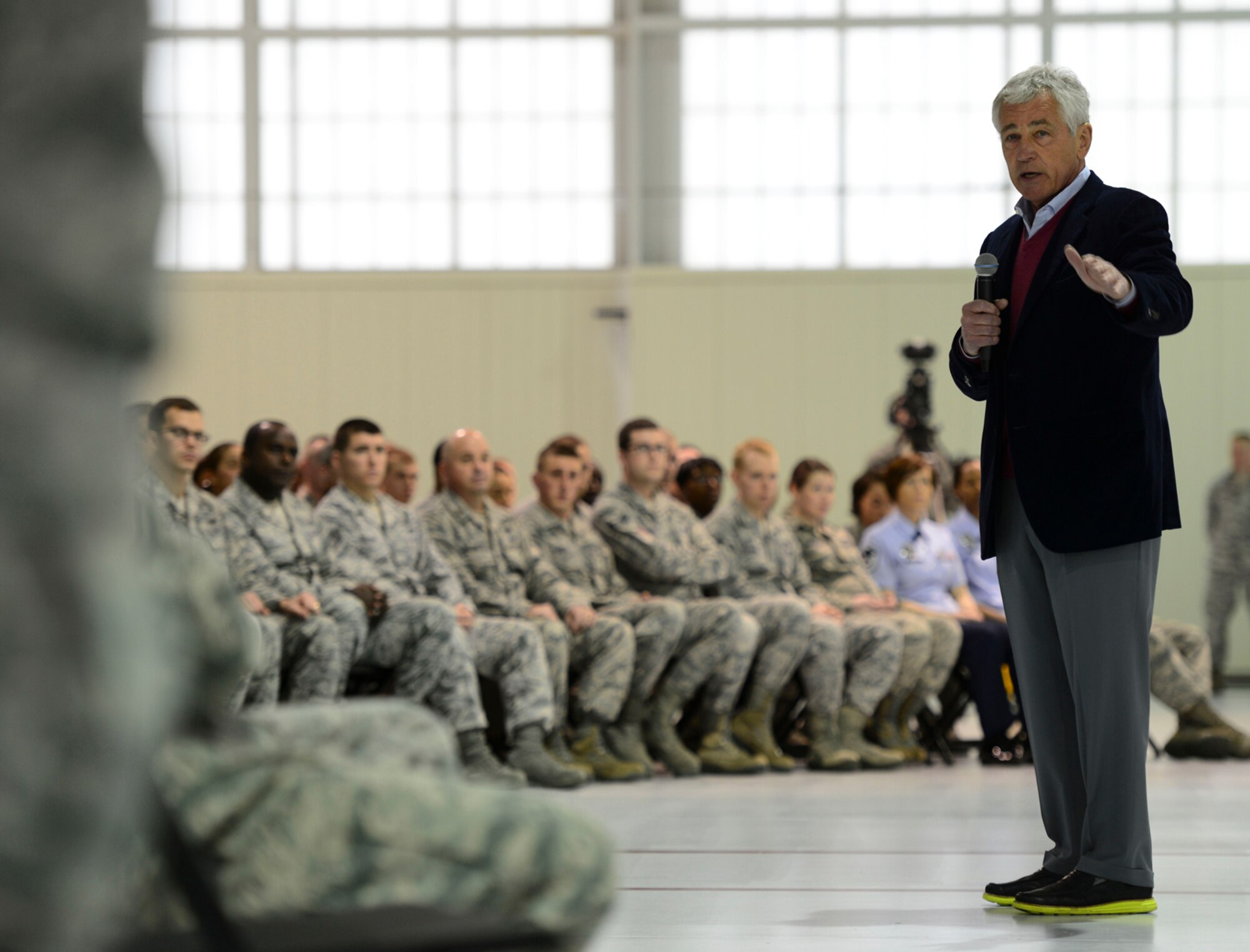 Defense Secretary Chuck Hagel discusses Department of Defense priorities with Airmen during a town hall meeting at Langley Air Force Base, Va., Feb. 25, 2014. Hagel took time to speak to Airmen who were selected as top performers by their leaders. (U.S. Air Force photo by Staff Sgt. Ciara Wymbs/Released)