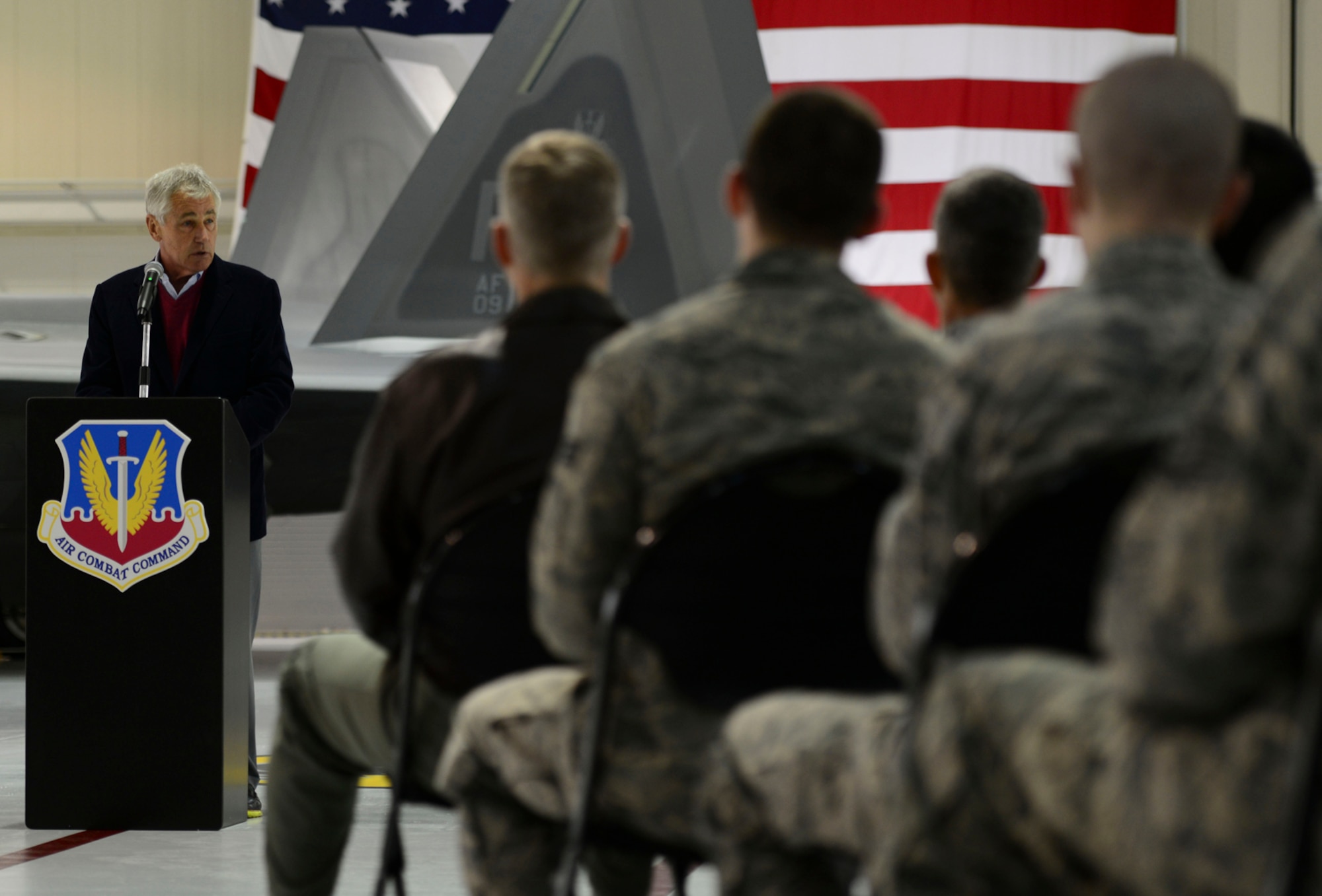 Defense Secretary Chuck Hagel speaks to top performers at an Airman’s event at Langley Air Force Base, Va., Feb. 25, 2014. During the event, Hagel spoke about proposed cuts in military spending in the upcoming year as part of an effort to prioritize U.S. strategic interests in the face of reduced resources after more than a decade of war. (U.S. Air Force photo by Staff Sgt. Ciara Wymbs/Released)