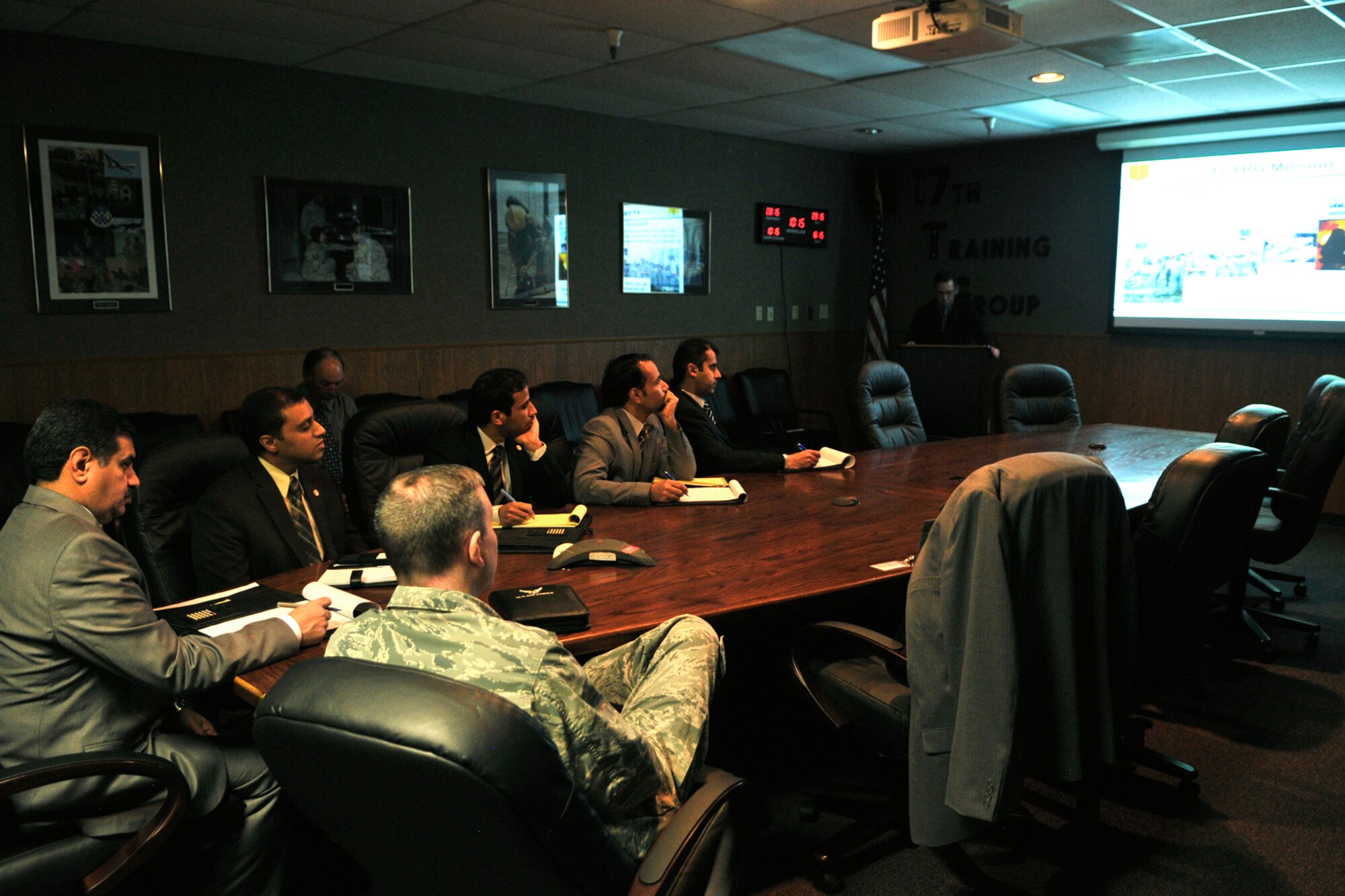 GOODFELLOW AIR FORCE BASE, Texas-- Members of the Saudi Arabian Armed Forces Intelligence and Security School receive a briefing on 17th Training Group programs Feb. 18. This visit gave Saudi Arabian Armed Forces the opportunity to engage with 17th TRG staff and administration on their training programs and teaching methods.  (U.S. Air Force photo/ Senior Airman Michael Smith)