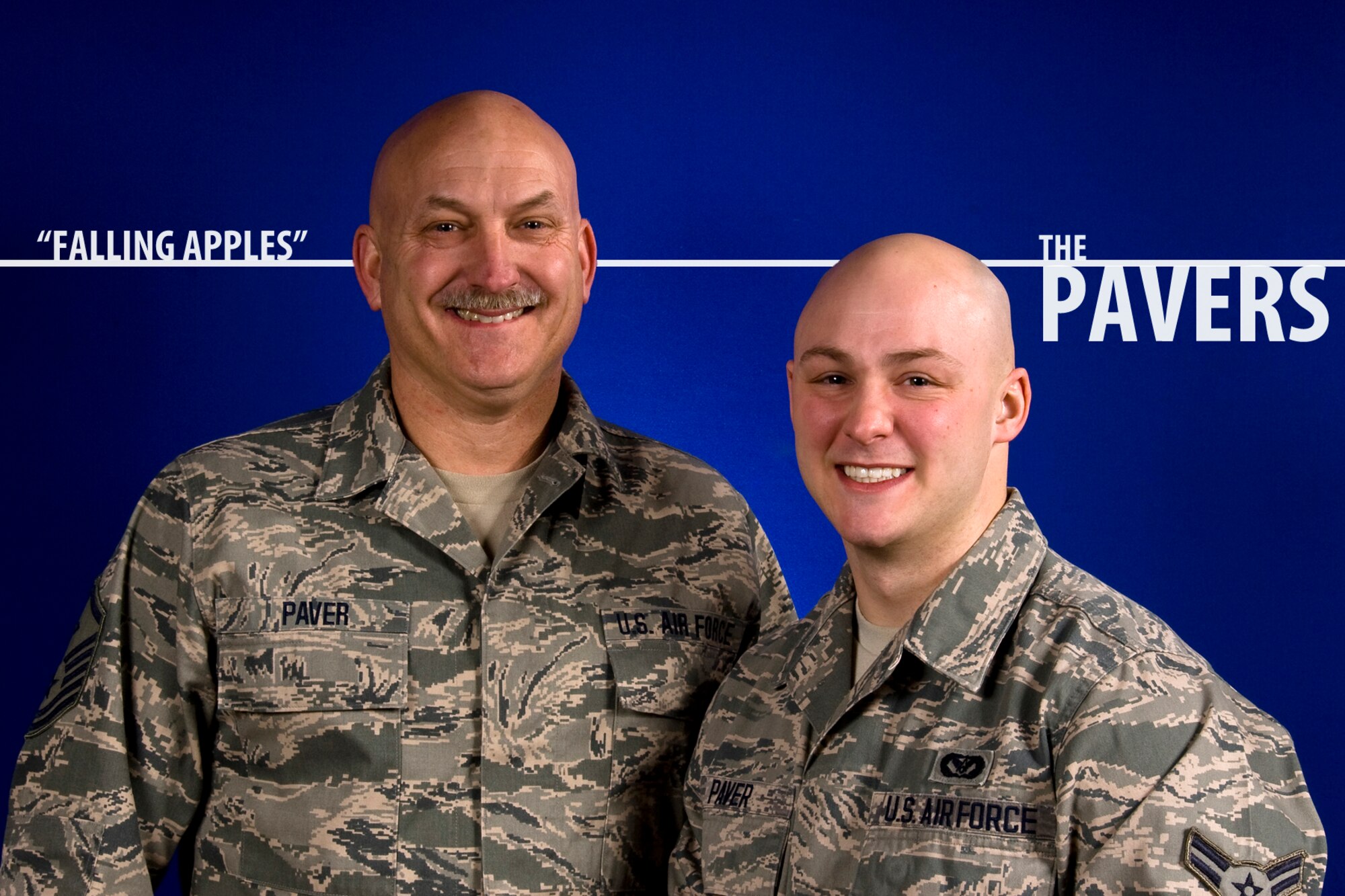 U.S. Air Force Master Sgt. Wesley F. Paver, 182nd Mission Support Group first sergeant, and Airman 1st Class Jared A. Paver, fire protection specialist with the 182nd Civil Engineer Squadron, are seen together at the 182nd Airlift Wing in Peoria, Ill., Feb. 24, 2014. While one is approaching retirement and the other is just beginning his career, the father and son serve together in Illinois Air National Guard. They are one of several families featured in the wing’s ongoing “Falling Apples” series highlighting parents and children Air National Guardsmen. (U.S. Air National Guard photo illustration by Staff Sgt. Lealan Buehrer/Released)