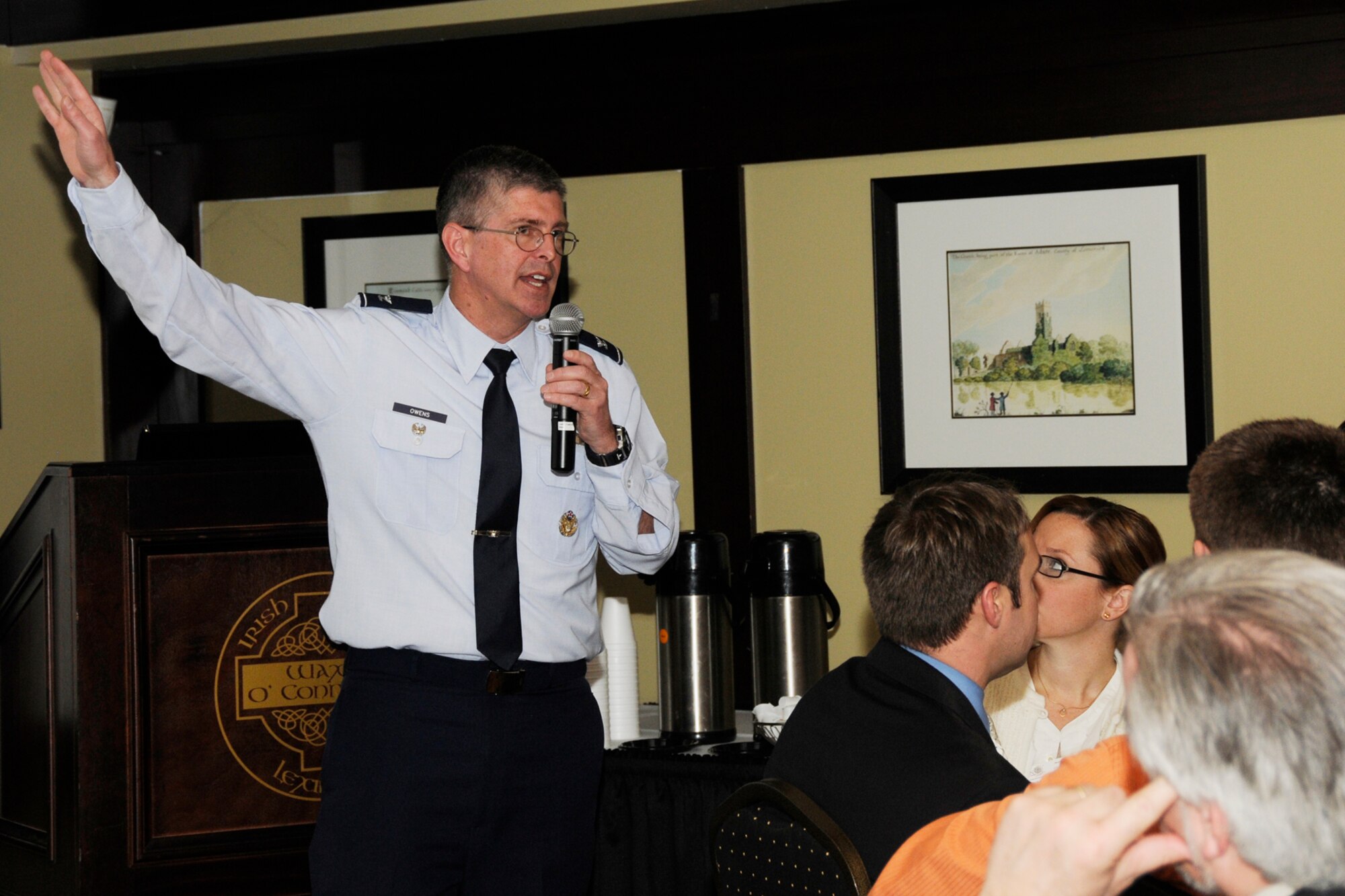 (U.S. Air Force Col. Scott Owens, Theater Battle Control Division chief, elaborates on Air Force acquisition priorities, strategy and new initiatives to a group of present and potential industry partners Feb. 20. He served as the keynote speaker during a Hanscom Representatives Association meeting in Lexington, Mass. (U.S. Air Force photo by Linda LaBonte Britt) 