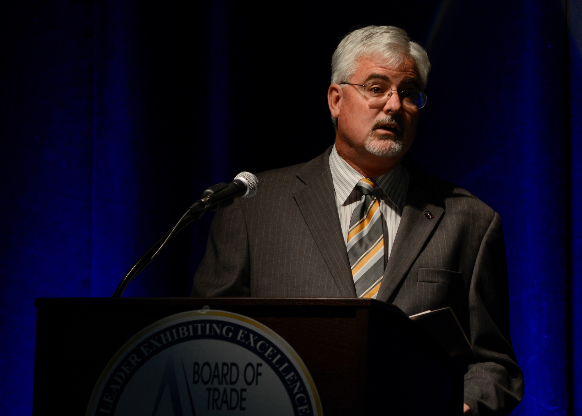 NASA Dryden Flight Research Center deputy directory, Patrick Stoliker, spoke on recent projects at NASA as well as the center's new name, the Neil A. Armstrong Flight Research Center. (U.S. Air Force photo by Rebecca Amber)