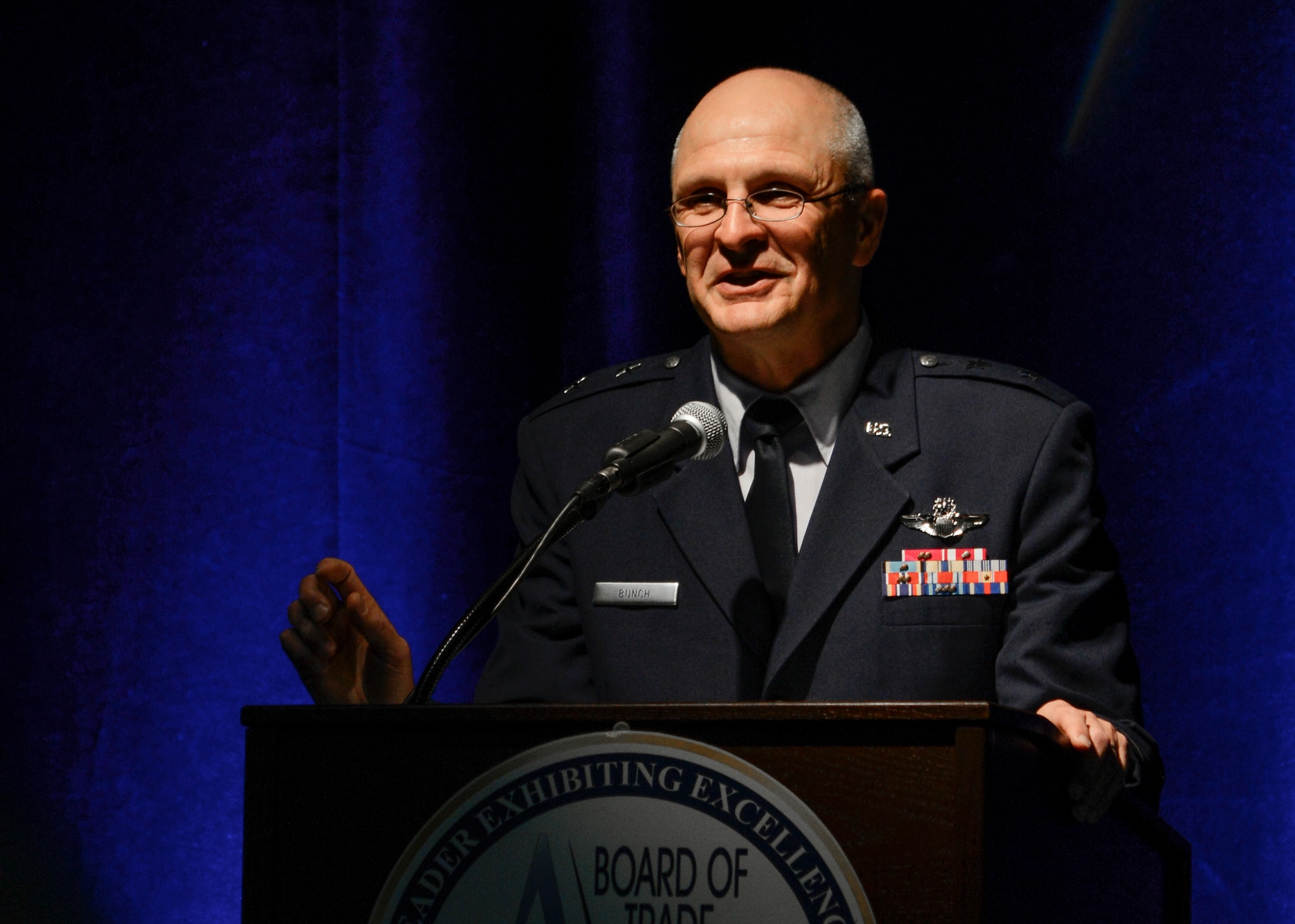 Maj. Gen. Arnold W. Bunch Jr., Air Force Test Center commander, shared an update on Edwards Air Force Base and its role in the Air Force Test Center at the Antelope Valley Board of Trade's Outlook Conference Feb. 21. "Breaking Boundaries" was the theme of the conference. (U.S. Air Force photo by Rebecca Amber)