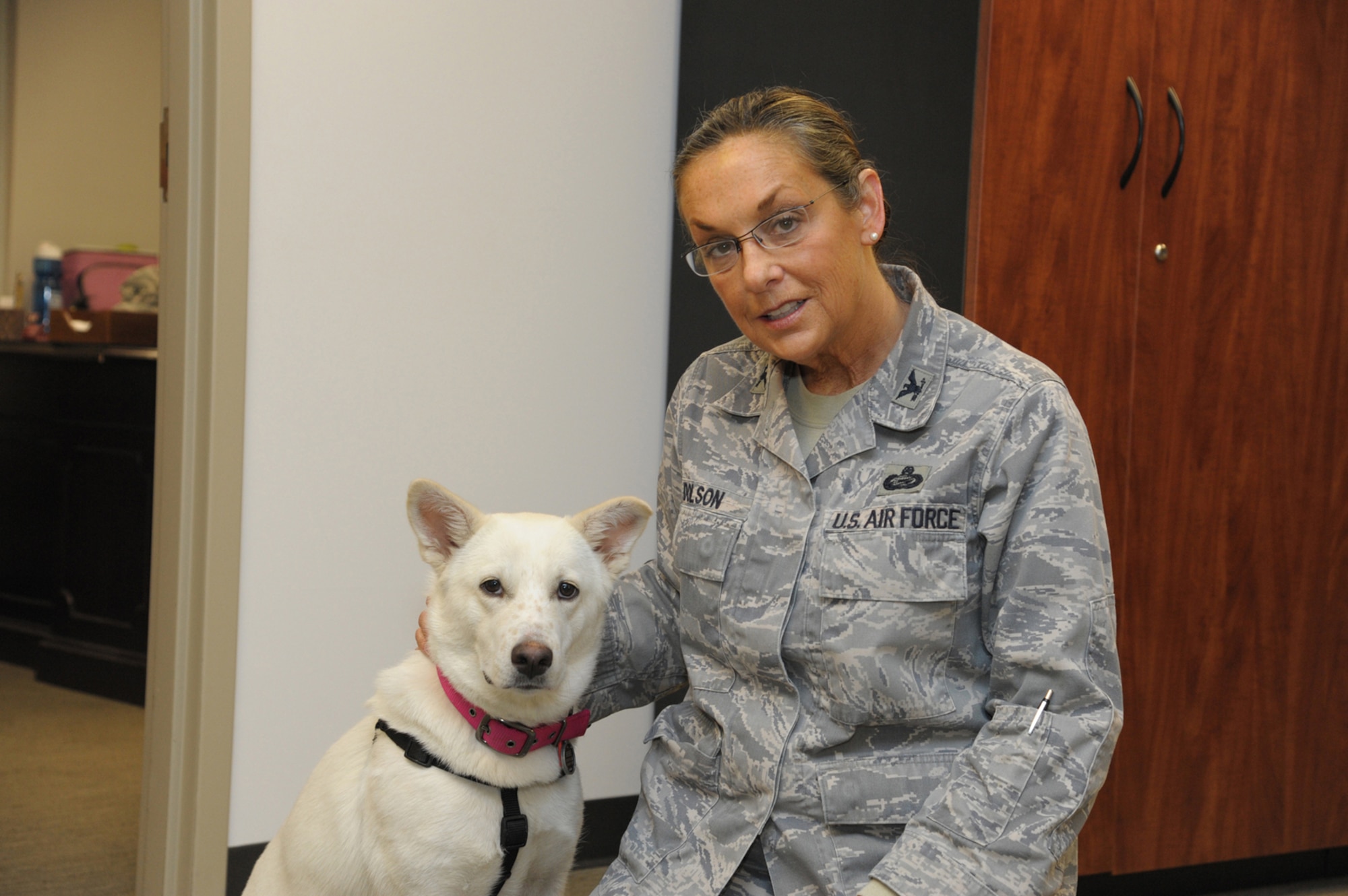 Air Force Col. Ramona Dolson, Air Force Personnel Center chief selection board secretariat, and her dog Bebe pose for a photo Feb. 7 at Joint Base San Antonio-Randolph.  (U.S. Air Force photo by Joel Martinez and photo illustration by Maggie Armstrong)