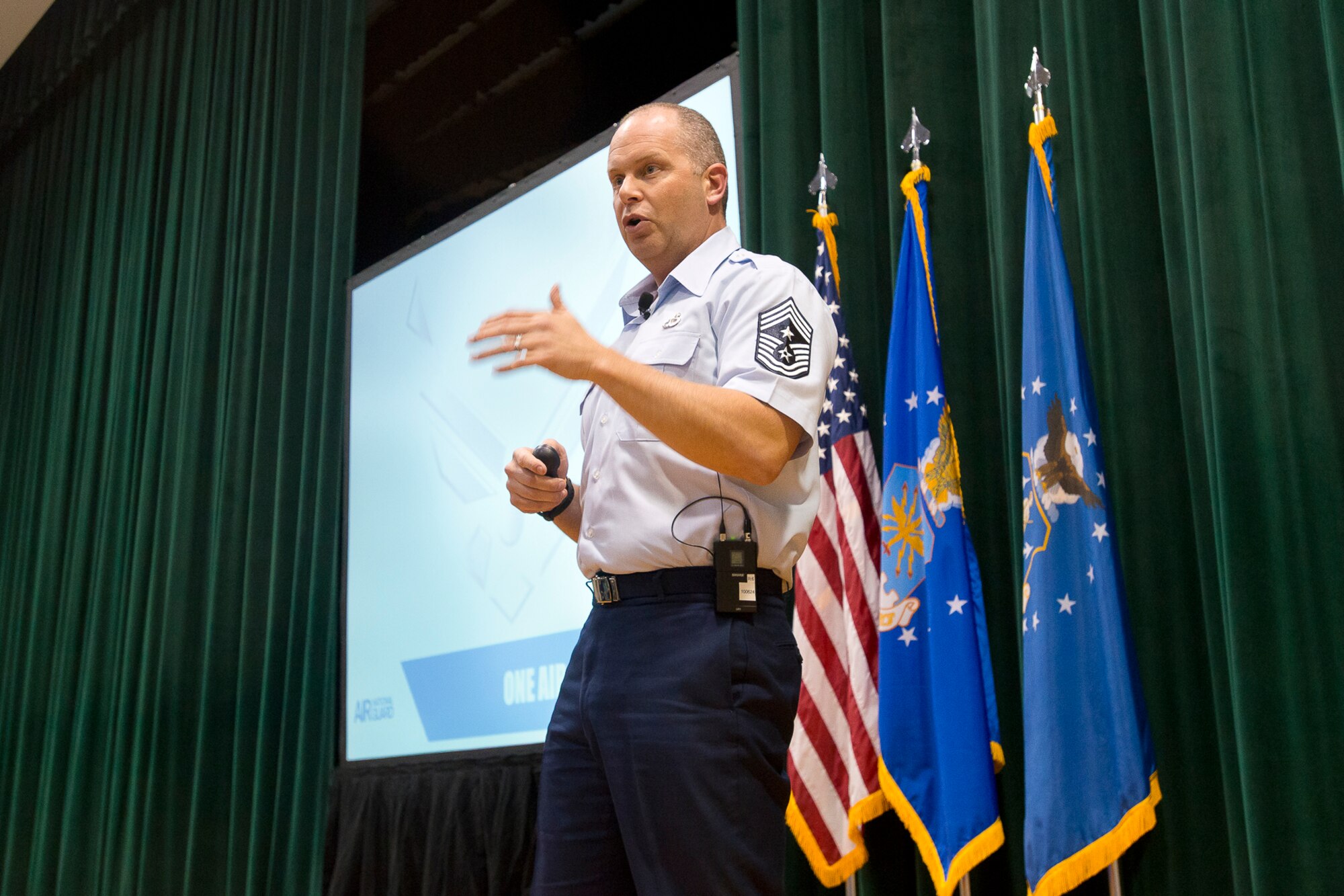 Chief Master Sgt. James W. Hotaling, the command chief of the Air National Guard, addresses airmen during an enlisted town-hall meeting at Joint Base Andrews, Md., Feb. 25, 2014. Hotaling also talked about the National Guard’s 377-year history of performing state and federal missions and three key areas where the ANG excels: protecting the homeland, fighting America’s wars and building global relationships through the State Partnership Program. Hotaling discussed the Command Chief Aim Point document, which addresses an renewed commitment to that profession of arms, health of the force and recognizing the accomplishments of Airmen. (U.S. Air National Guard photo by Master Sgt. Marvin R. Preston/Released)