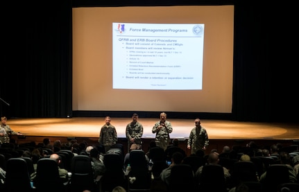 Base leadership discusses Force Management updates with Joint Base Charleston enlisted members Feb. 26, 2014, at the JB Charleston-Air Base Theater. Town Hall meetings regarding Force Management have been scheduled for Air Force enlisted, officers and spouses. (U.S. Air Force photo/ Senior Airman Dennis Sloan)