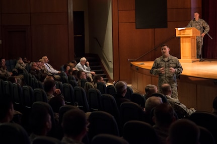 Chief Master Sgt. Mark Bronson, 628th Air Base Wing command chief, discusses Force Management updates with Joint Base Charleston enlisted members Feb. 26, 2014, at the JB Charleston-Air Base Theater. Town Hall meetings regarding Force Management have been scheduled for Air Force enlisted, officers and spouses. (U.S. Air Force photo/ Senior Airman Dennis Sloan)